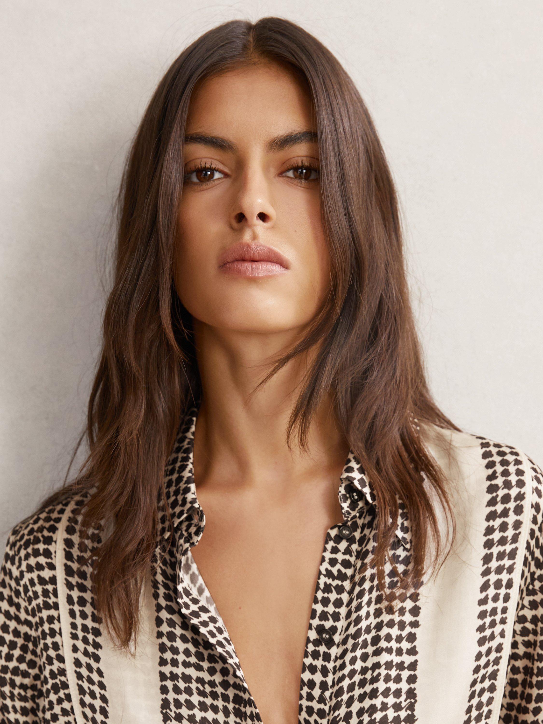 Product image 5 of 5, which shows Reiss Harper Tile Print Bib Shirt, Ivory/Black, 8