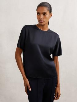 Reiss Lena Silk Short Sleeve Top, Navy, Navy