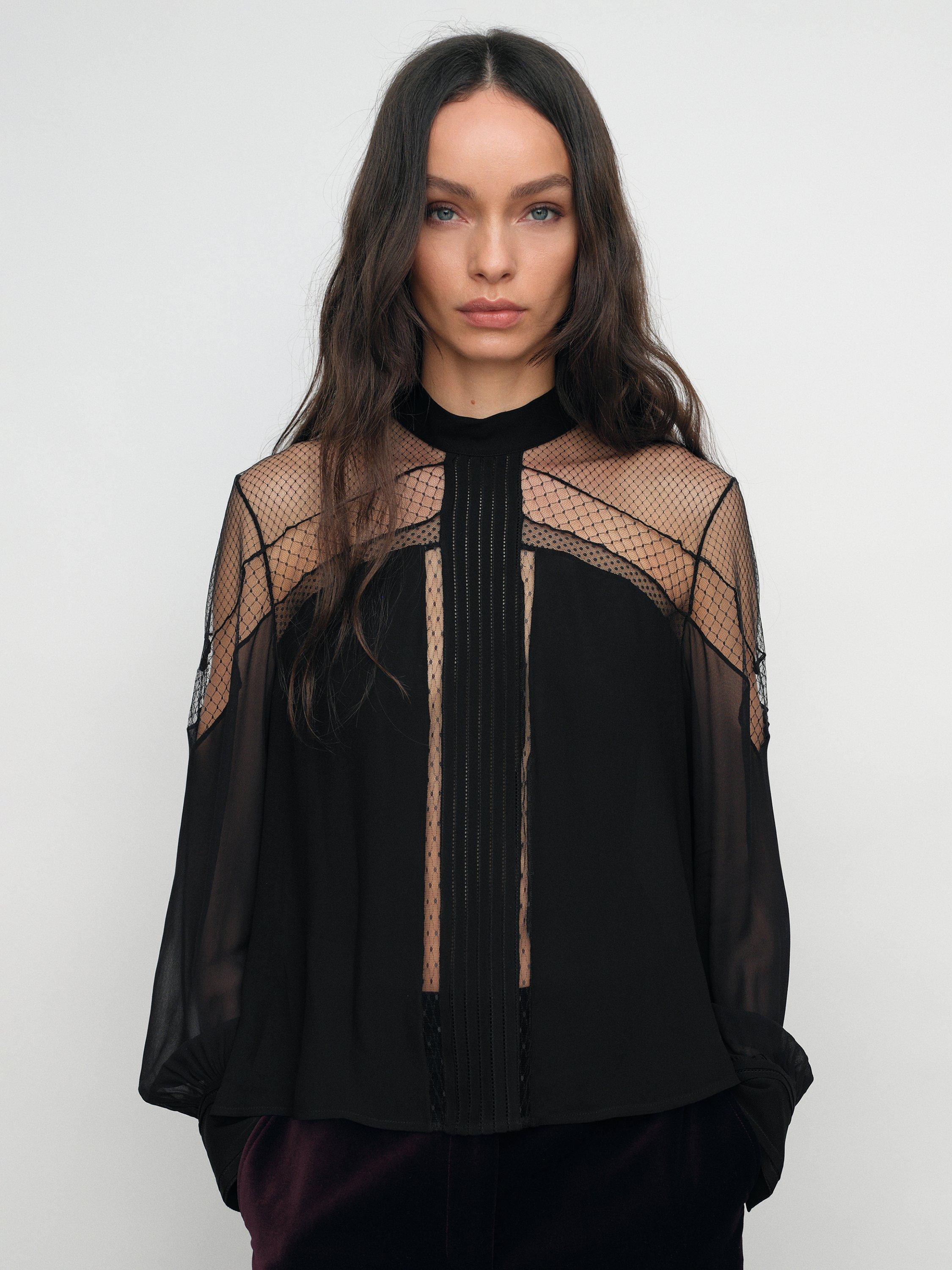 Product image 1 of 5, which shows Reiss Marnie Lace Insert Tie Back Blouse, Black, 10