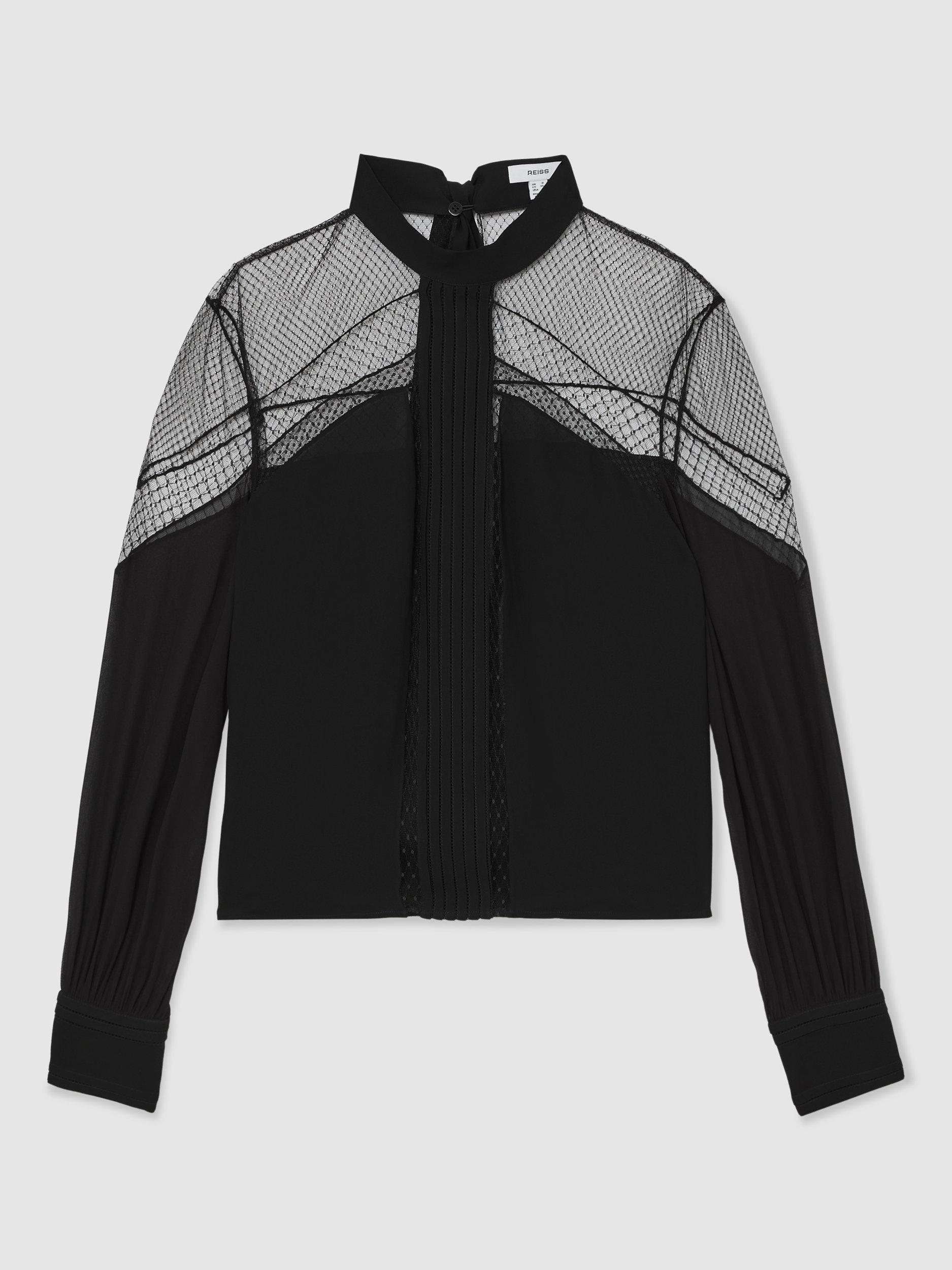 Product image 3 of 5, which shows Reiss Marnie Lace Insert Tie Back Blouse, Black, 10