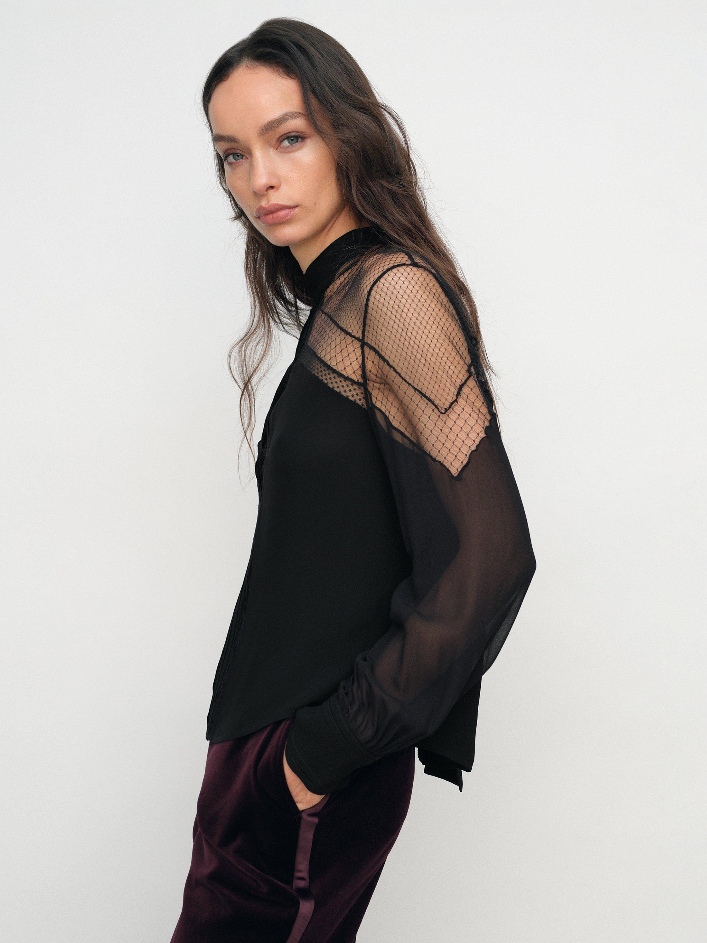 Product image 5 of 5, which shows Reiss Marnie Lace Insert Tie Back Blouse, Black, 10