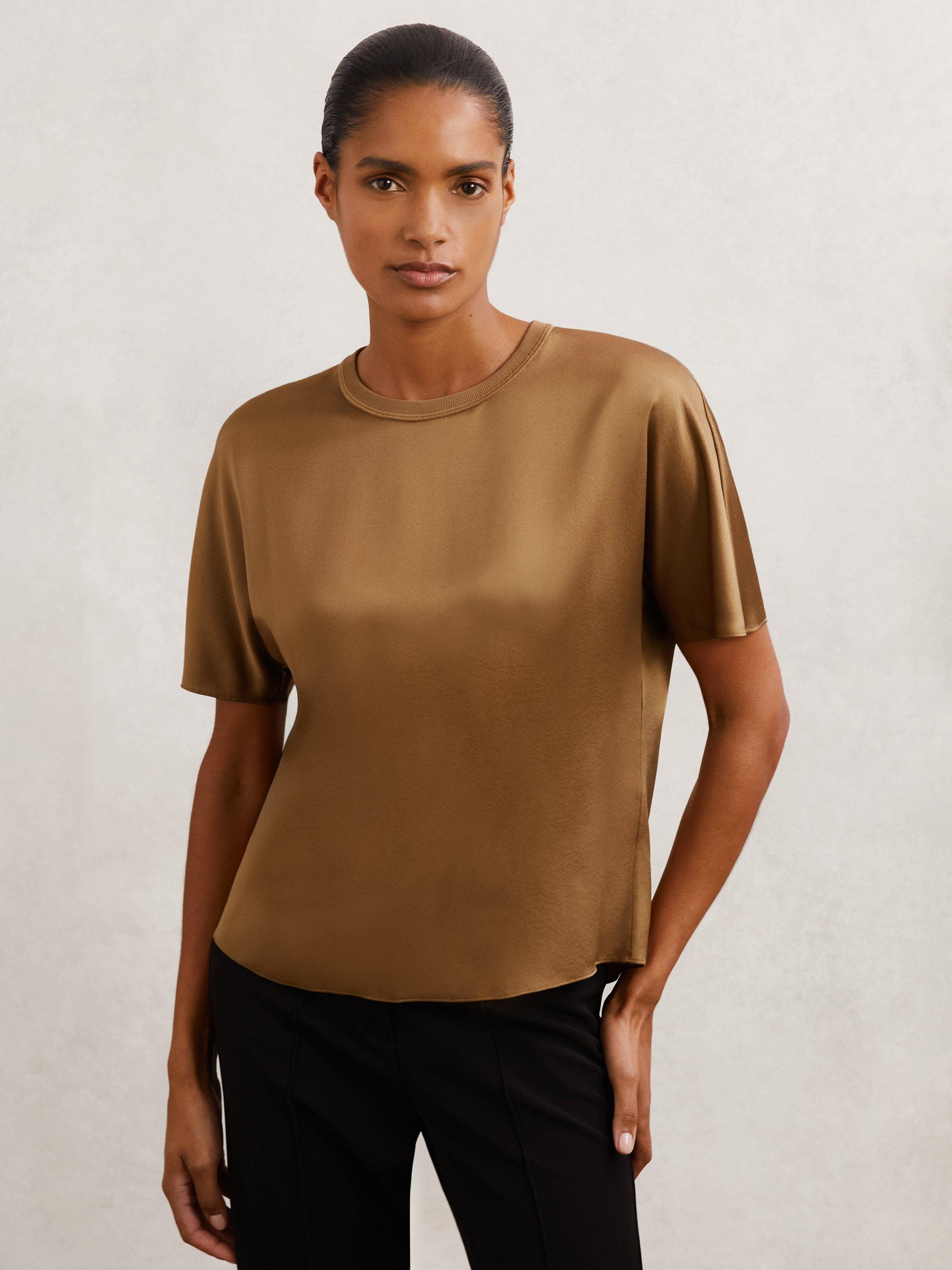 Product image 1 of 5, which shows Reiss Lena Silk T-Shirt, Camel, 6