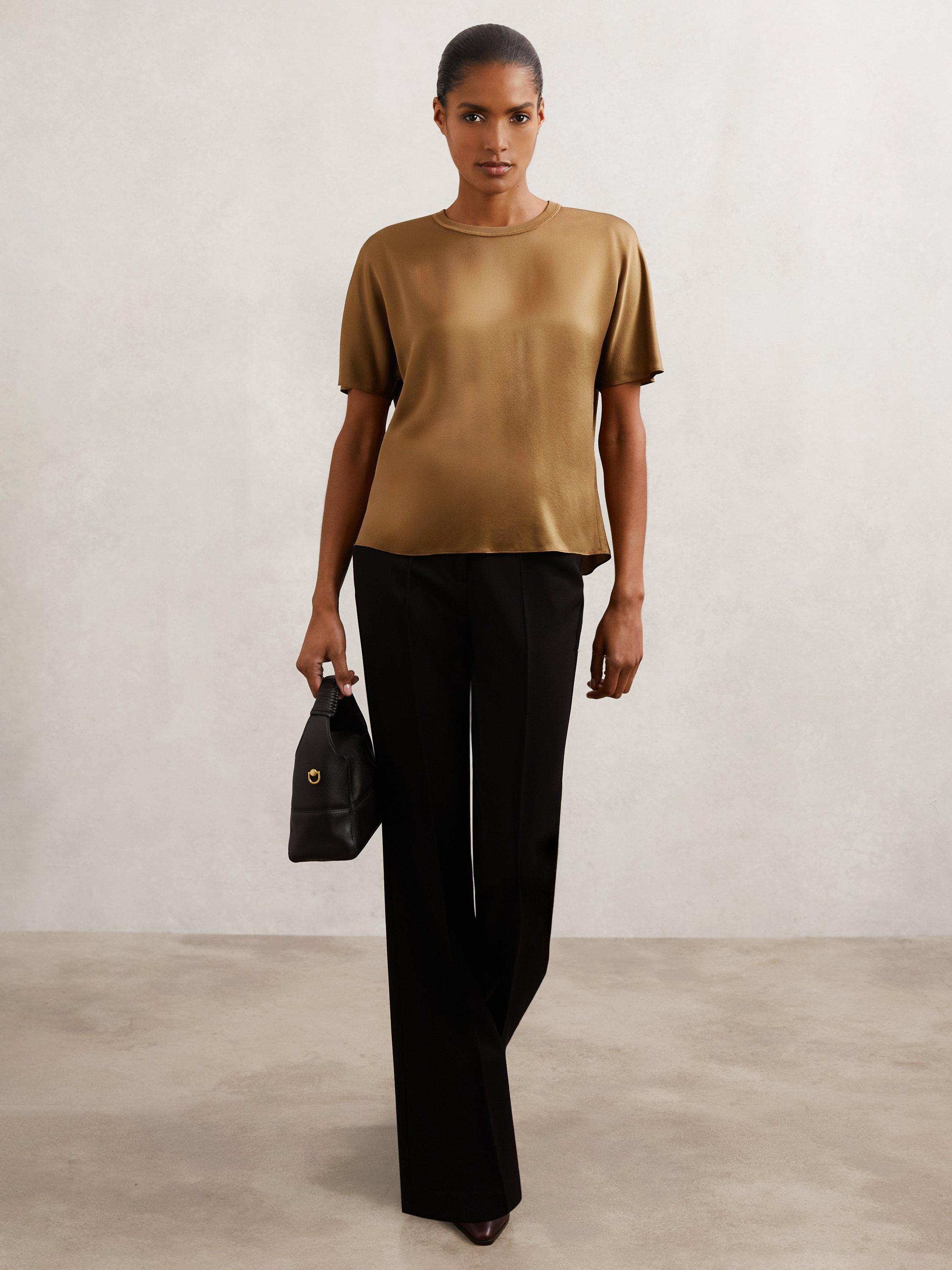 Product image 2 of 5, which shows Reiss Lena Silk T-Shirt, Camel, 6