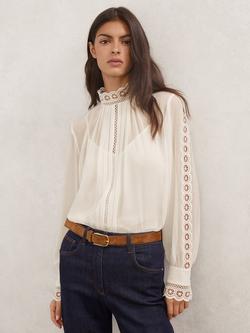 Reiss Ori Lace Trim Sheer Blouse, Cream, Cream