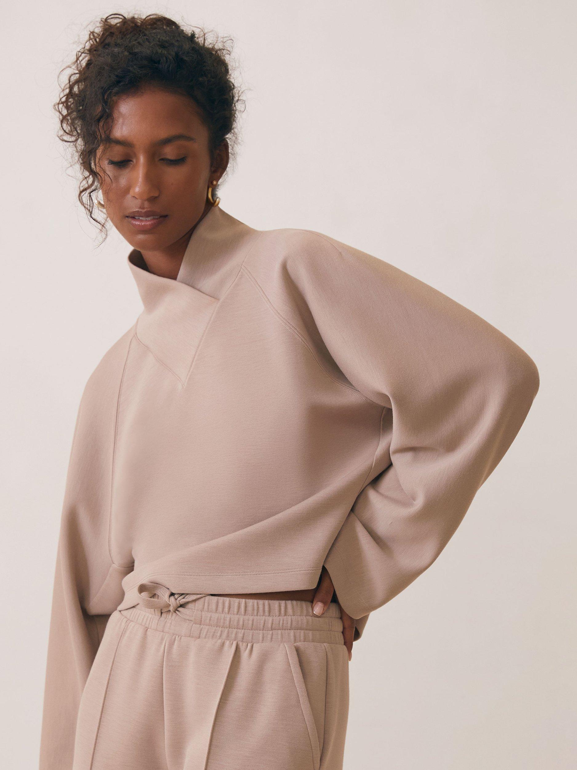 Product image 1 of 6, which shows Reiss Nova Cross Neck Sweat Top, Taupe Neutral, XS