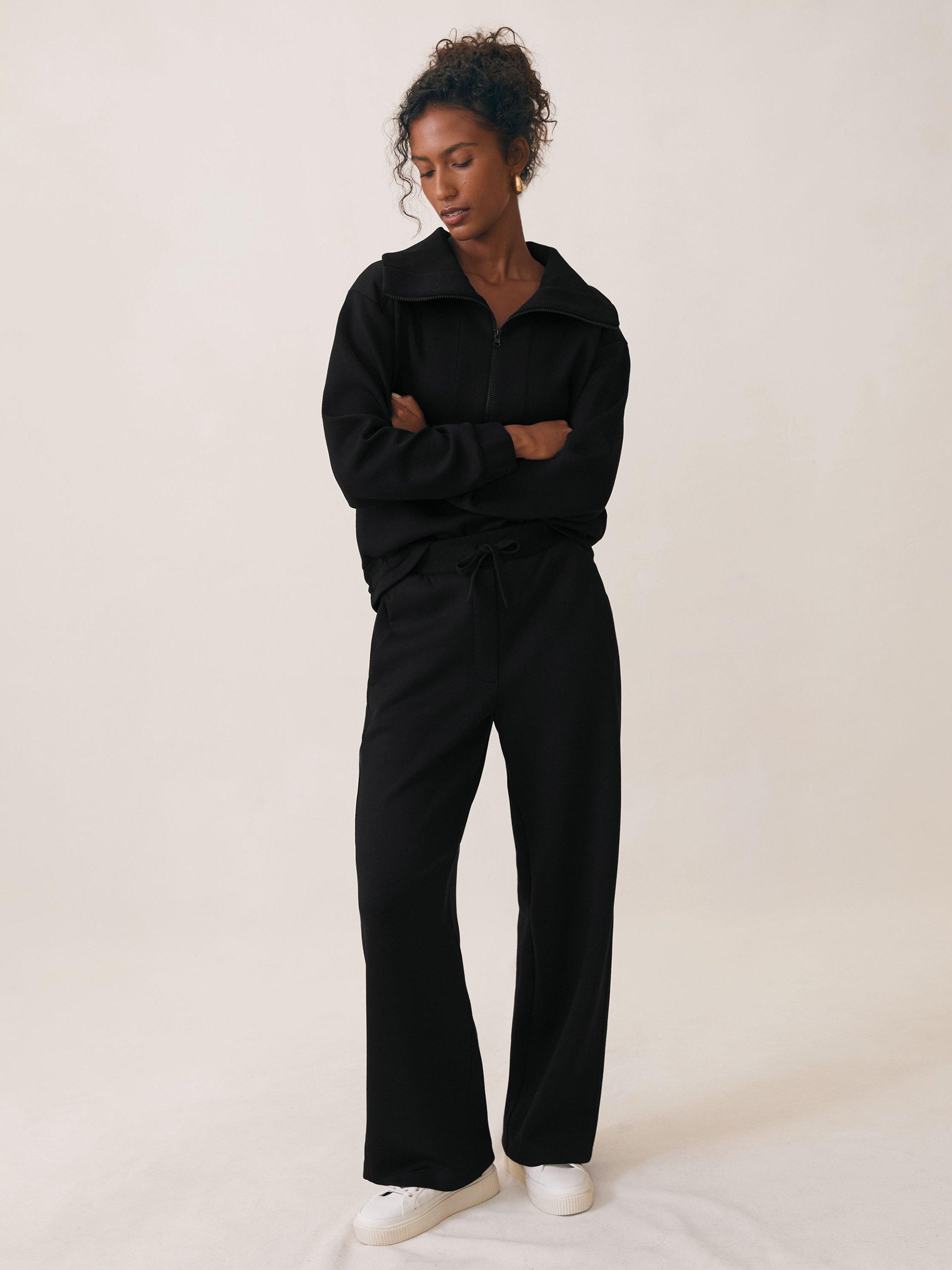Product image 1 of 5, which shows Reiss Jemma Modal Blend Interlock Wide Leg Joggers, Black, L