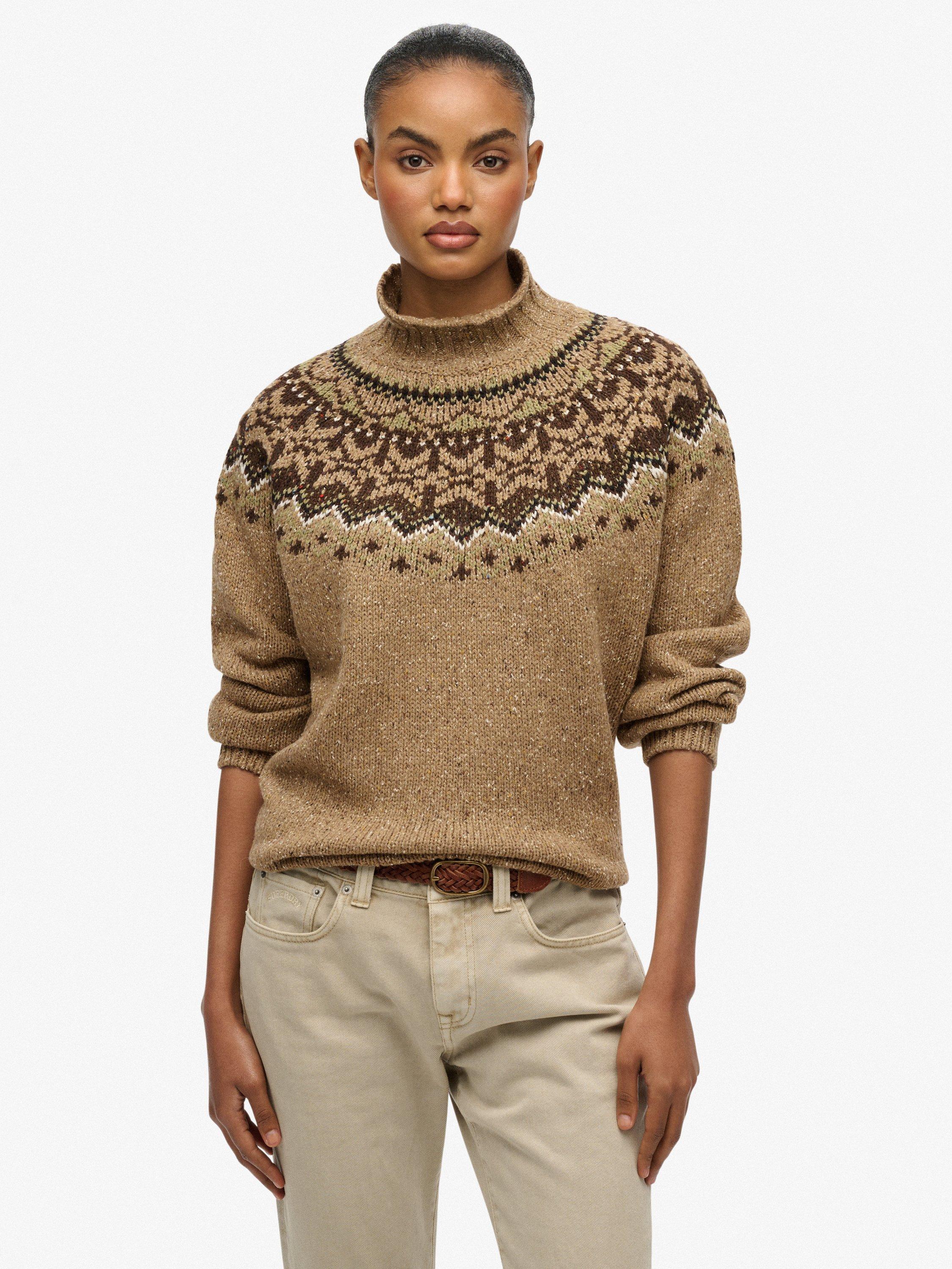 Product image 1 of 5, which shows Superdry High Neck Fair Isle Jumper, Tan Brown, 16