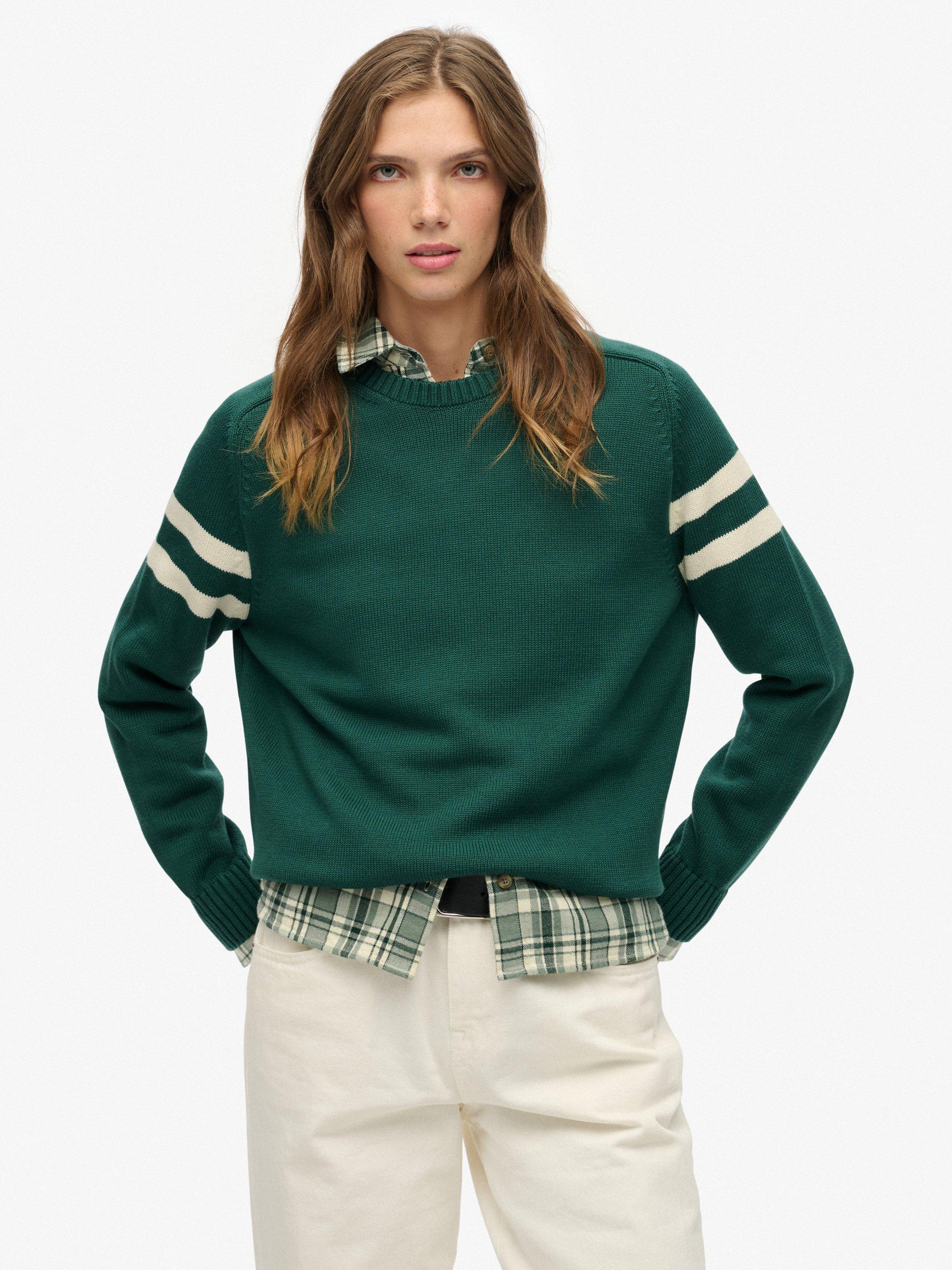 Product image 1 of 5, which shows Superdry Relaxed Stripe Knitted Jumper, Darkest Pine Green, 6