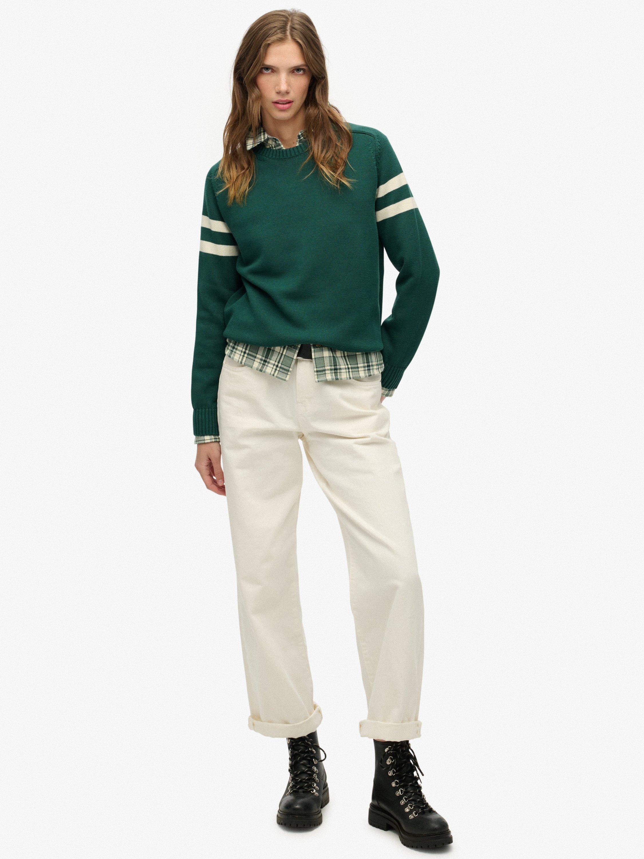 Product image 3 of 5, which shows Superdry Relaxed Stripe Knitted Jumper, Darkest Pine Green, 6