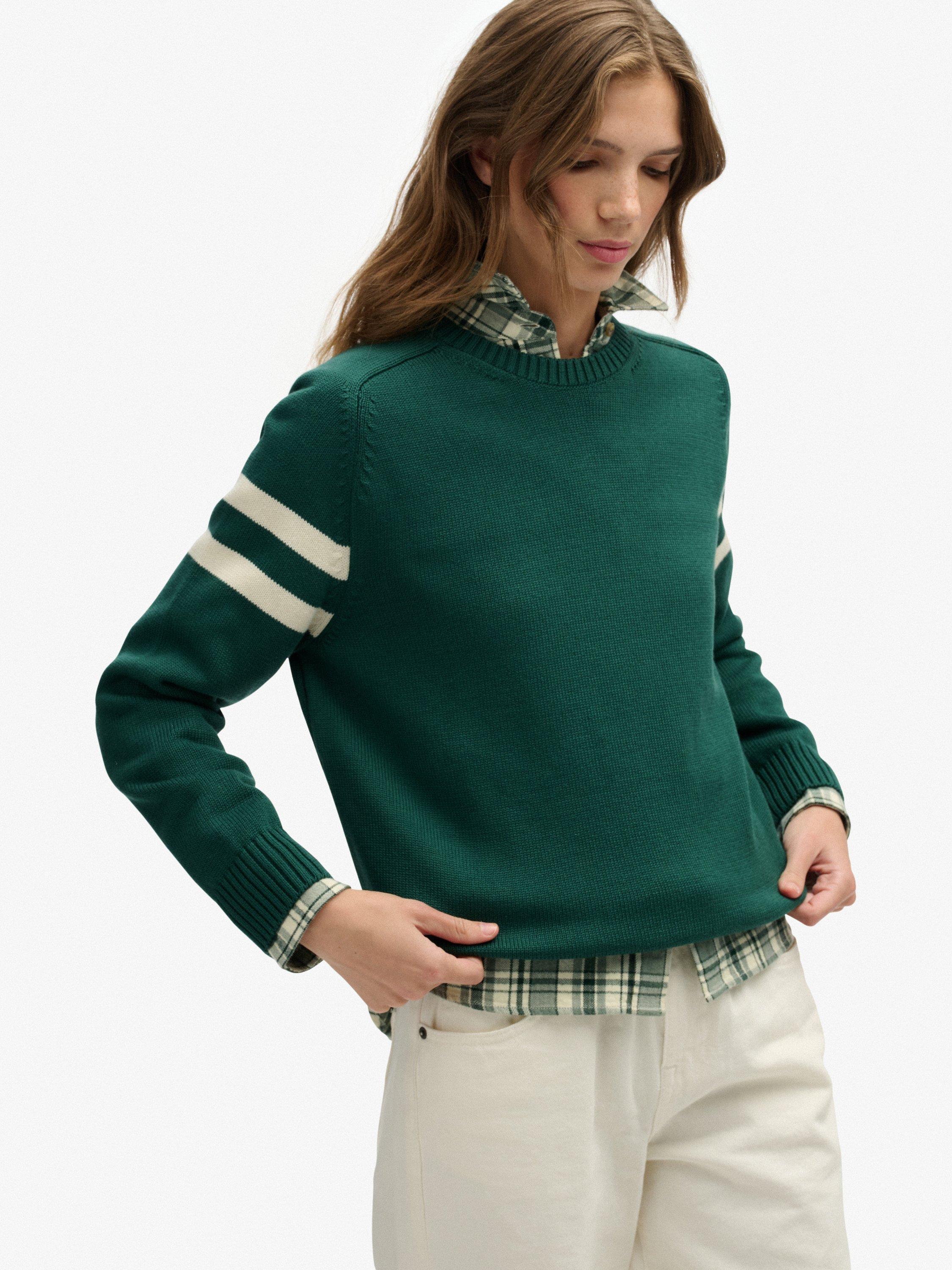 Product image 4 of 5, which shows Superdry Relaxed Stripe Knitted Jumper, Darkest Pine Green, 6