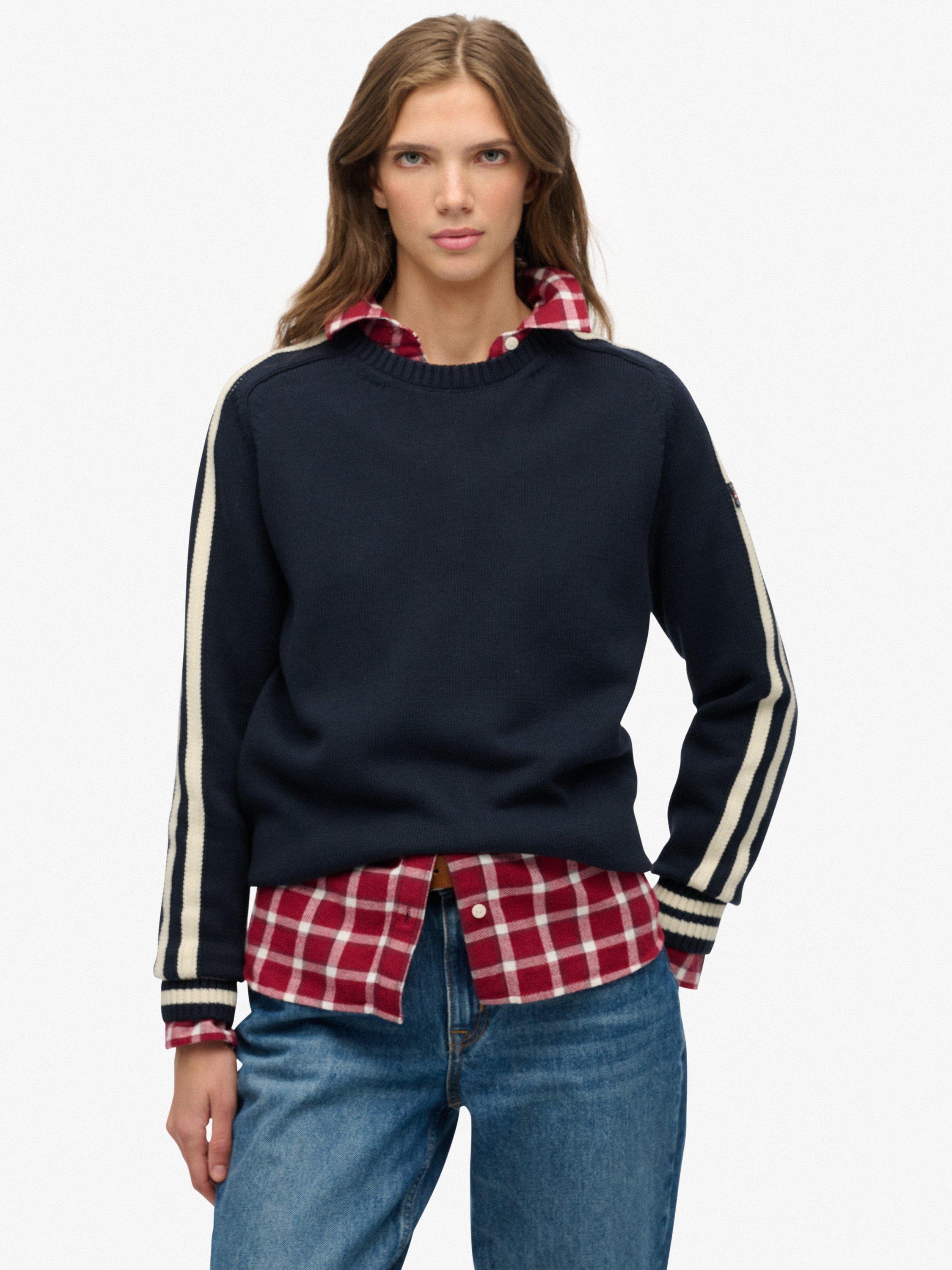 Product image 1 of 5, which shows Superdry Relaxed Stripe Knitted Jumper, Deep Navy, 6