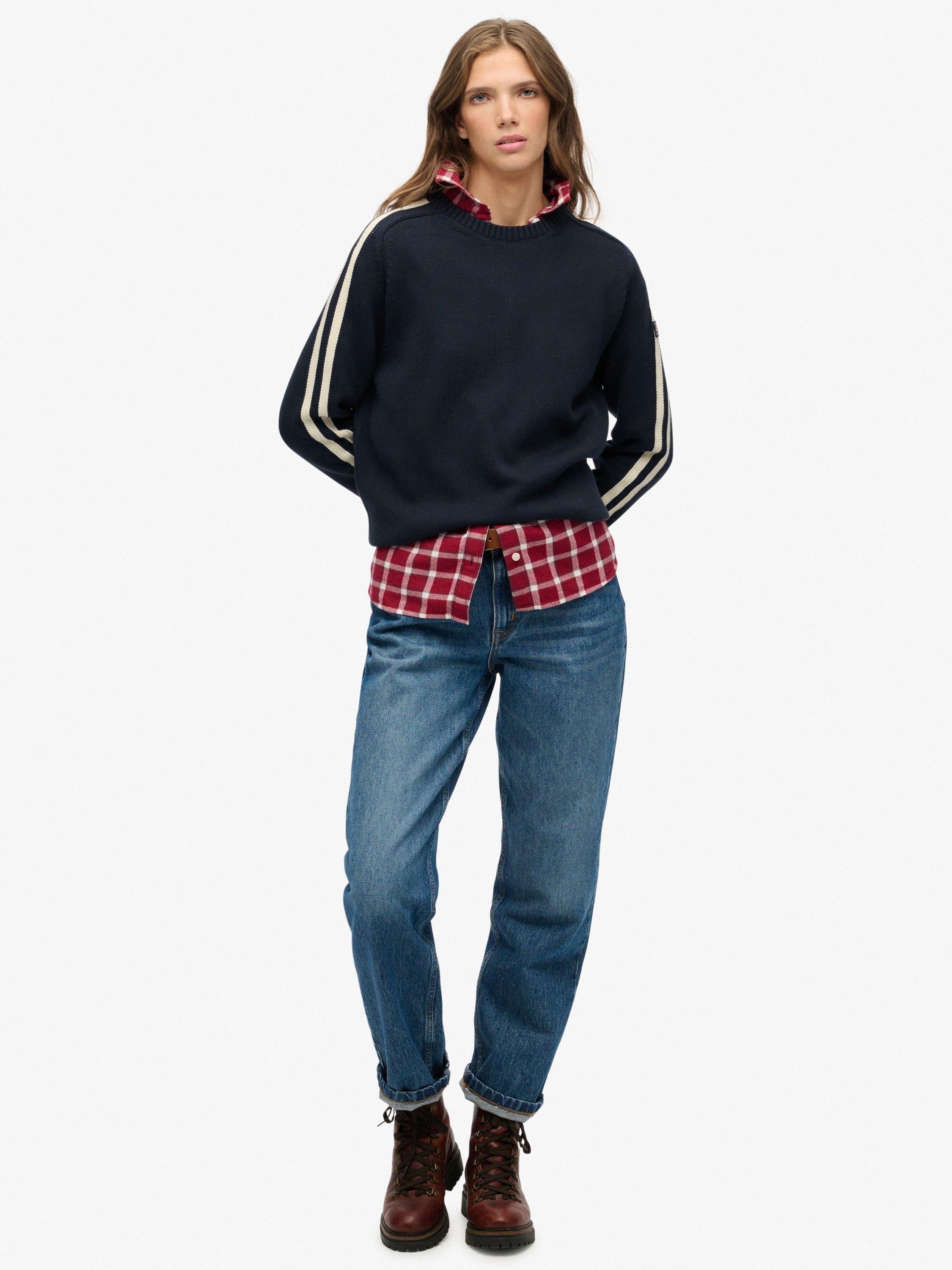 Product image 3 of 5, which shows Superdry Relaxed Stripe Knitted Jumper, Deep Navy, 6