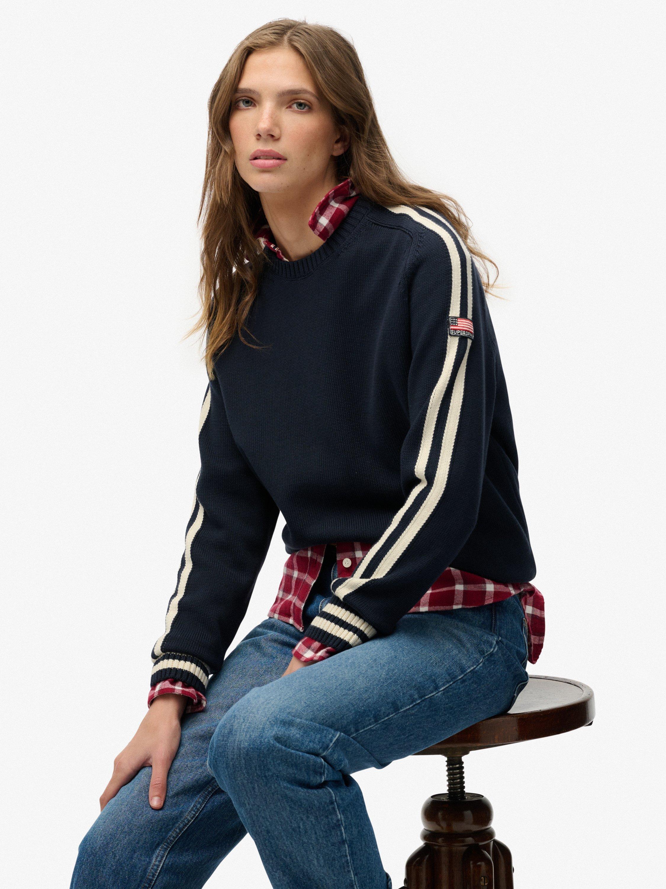 Product image 4 of 5, which shows Superdry Relaxed Stripe Knitted Jumper, Deep Navy, 6