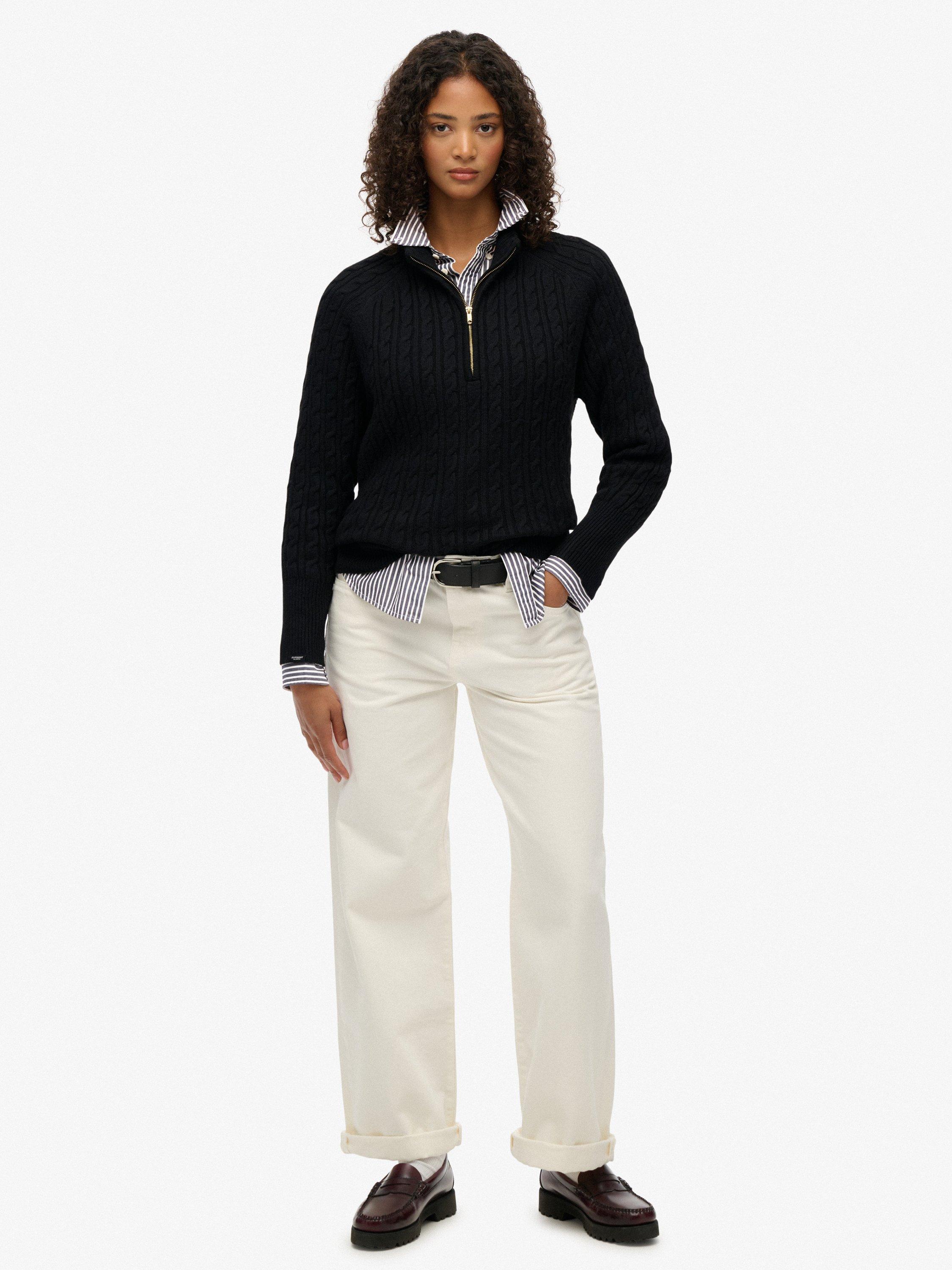 Product image 3 of 5, which shows Superdry Brushed Cable Knit Henley Jumper, Black, 8