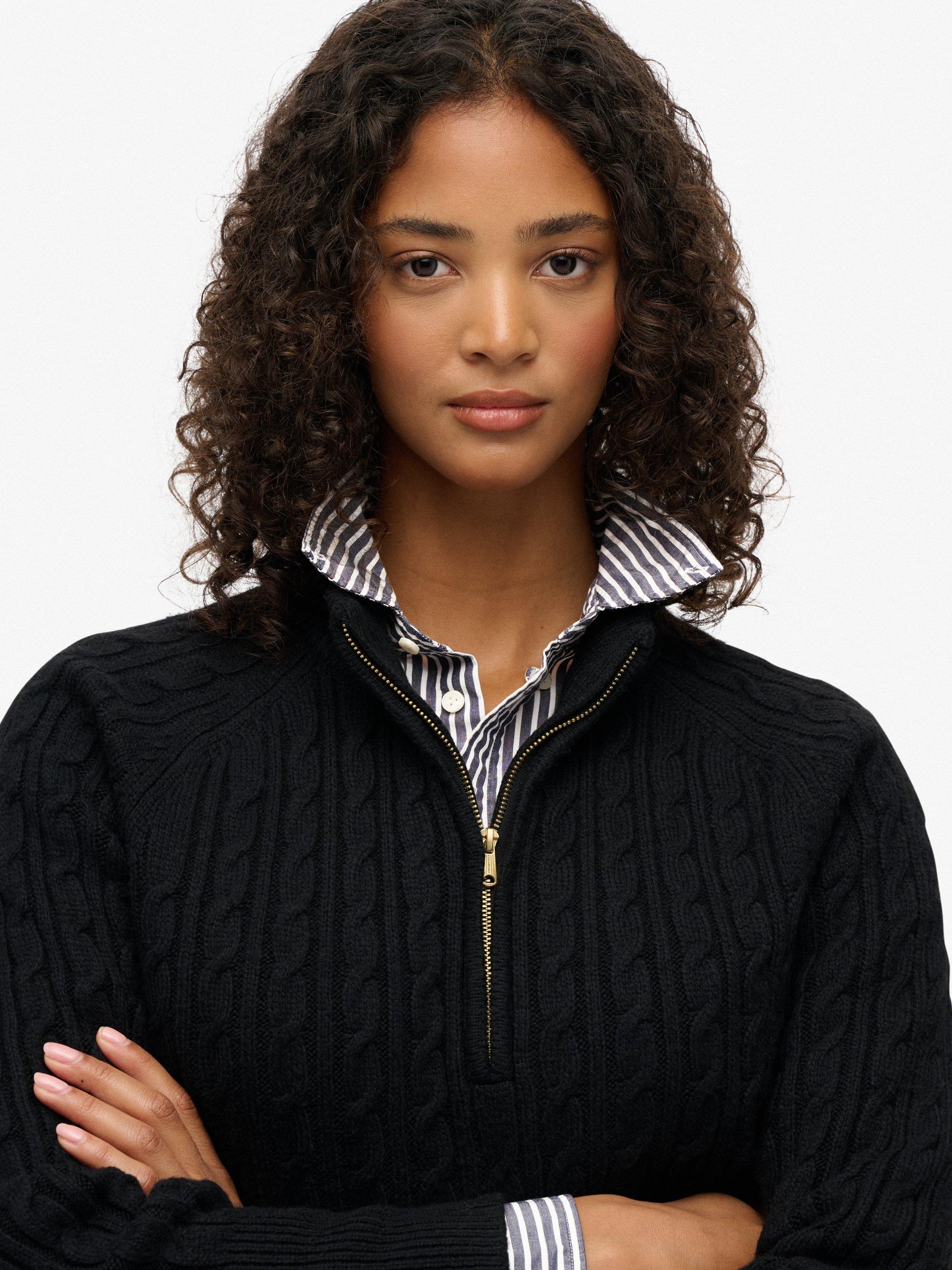 Product image 5 of 5, which shows Superdry Brushed Cable Knit Henley Jumper, Black, 8