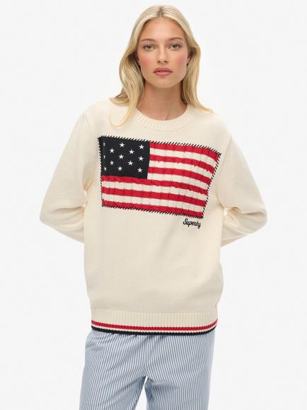Superdry Athletic Essentials Americana Flag Crew Knit Jumper, Cream/Multi, Cream/Multi
