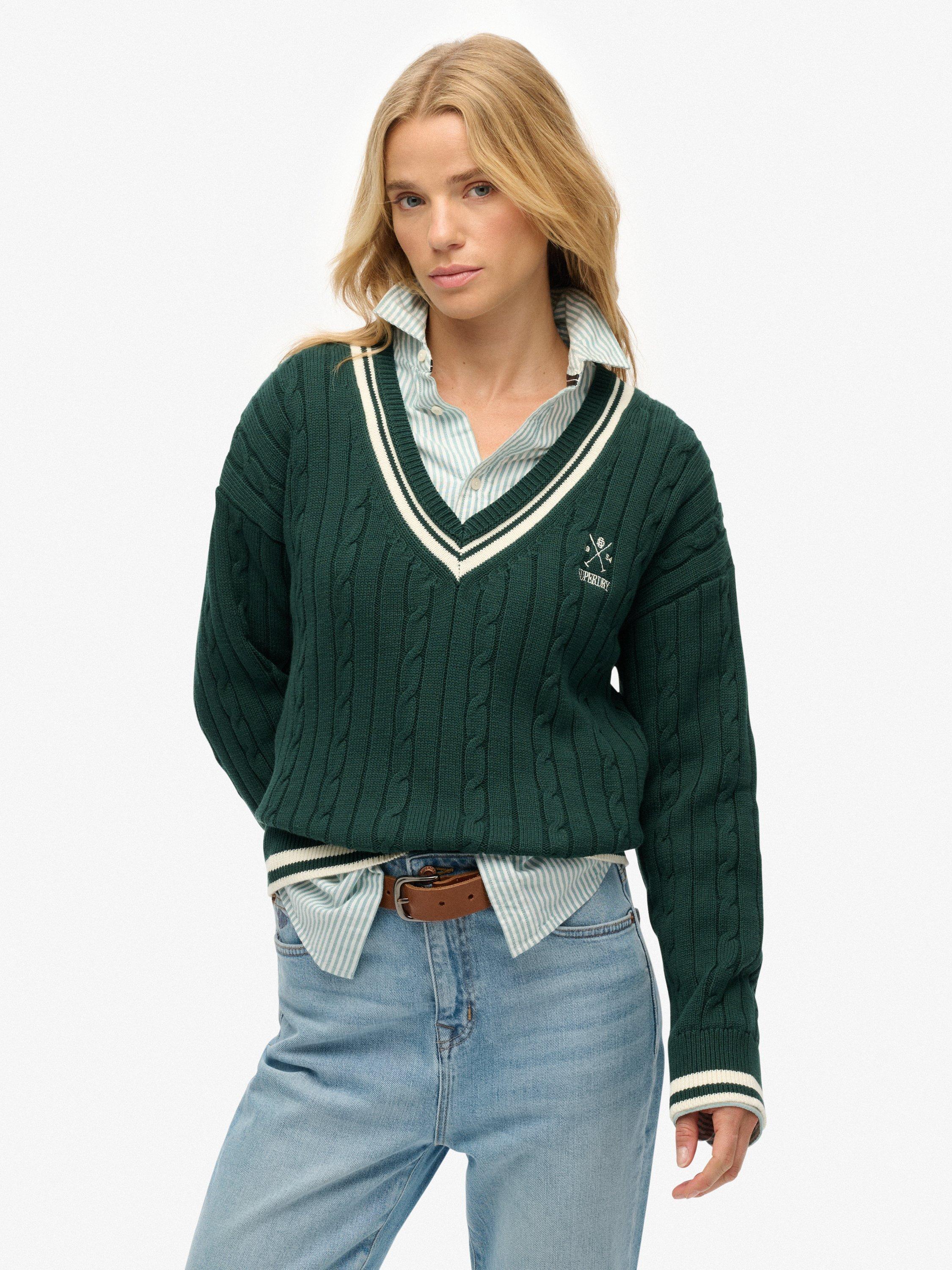 Product image 1 of 5, which shows Superdry Cricket Club Cable Knit Jumper, Enamel Green, 12