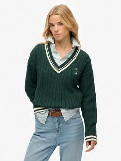 Superdry Cricket Club Cable Knit Jumper, Enamel Green