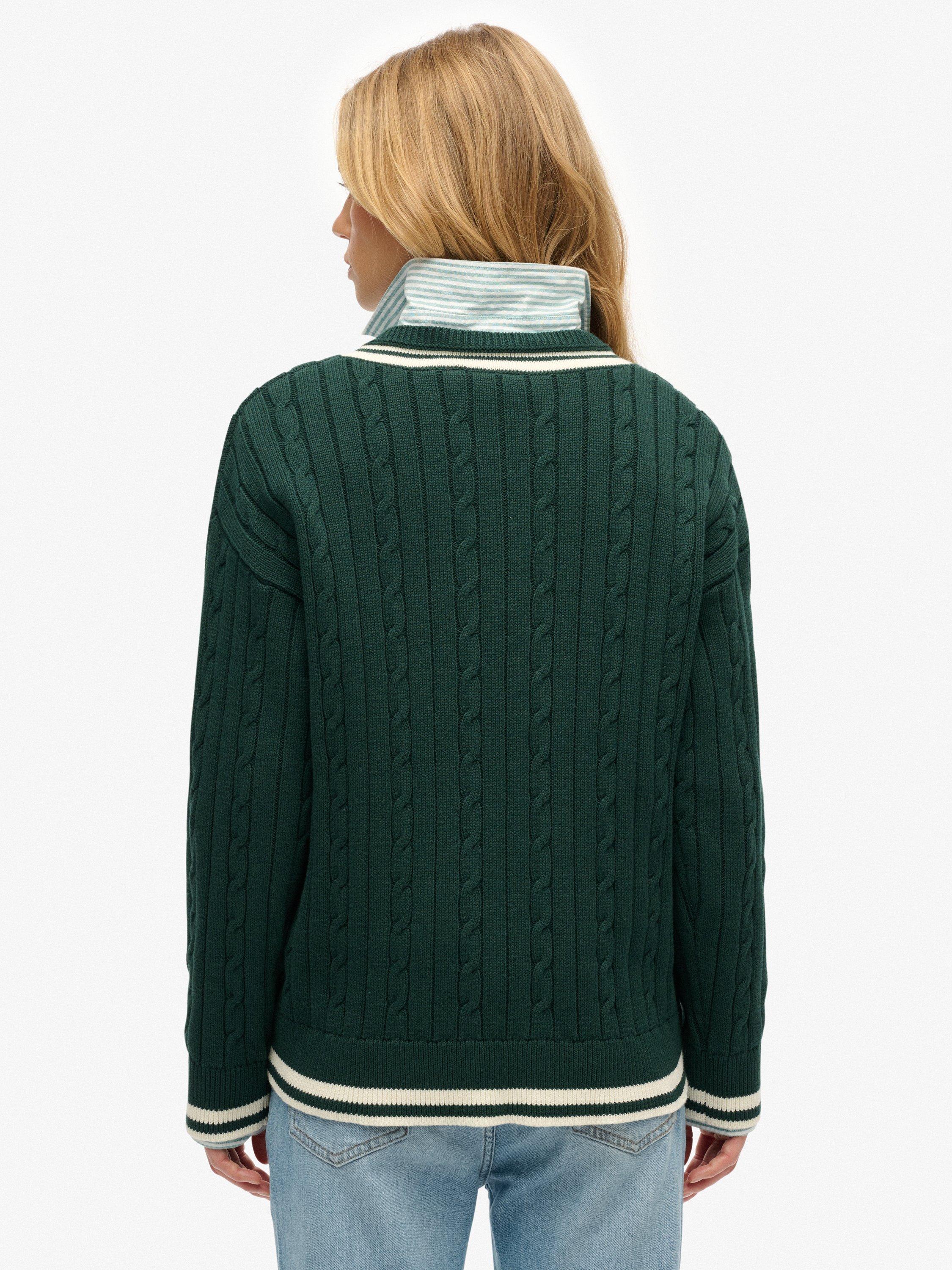 Product image 2 of 5, which shows Superdry Cricket Club Cable Knit Jumper, Enamel Green, 12