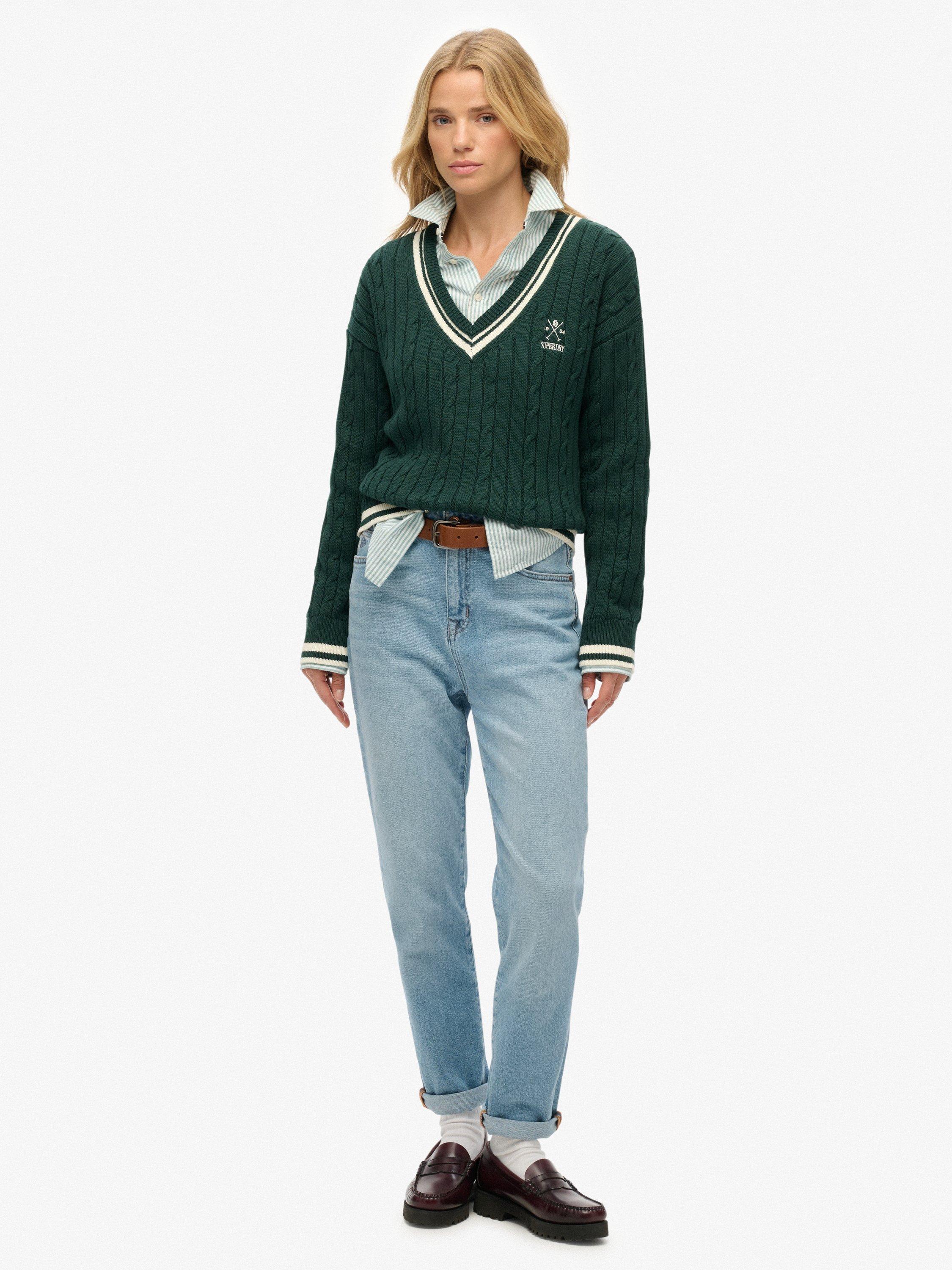 Product image 3 of 5, which shows Superdry Cricket Club Cable Knit Jumper, Enamel Green, 12