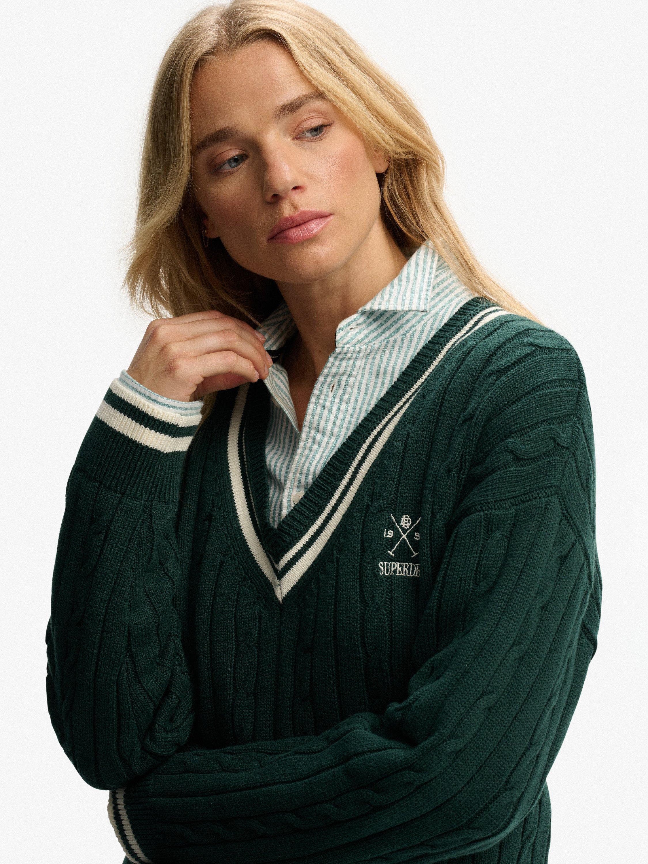 Product image 4 of 5, which shows Superdry Cricket Club Cable Knit Jumper, Enamel Green, 12
