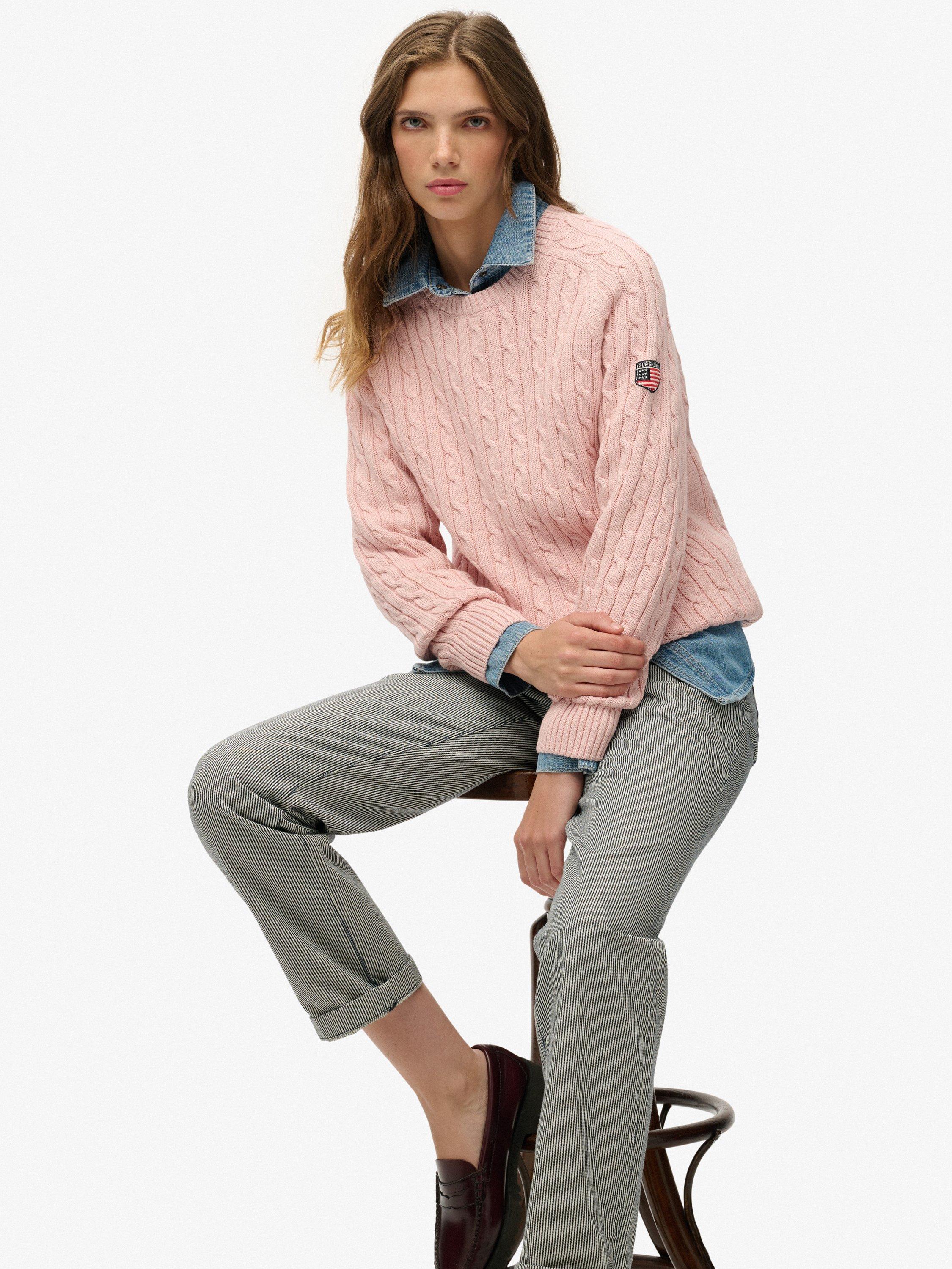 Product image 4 of 5, which shows Superdry Slouchy Cable Knit Jumper, Pale Pink, 6