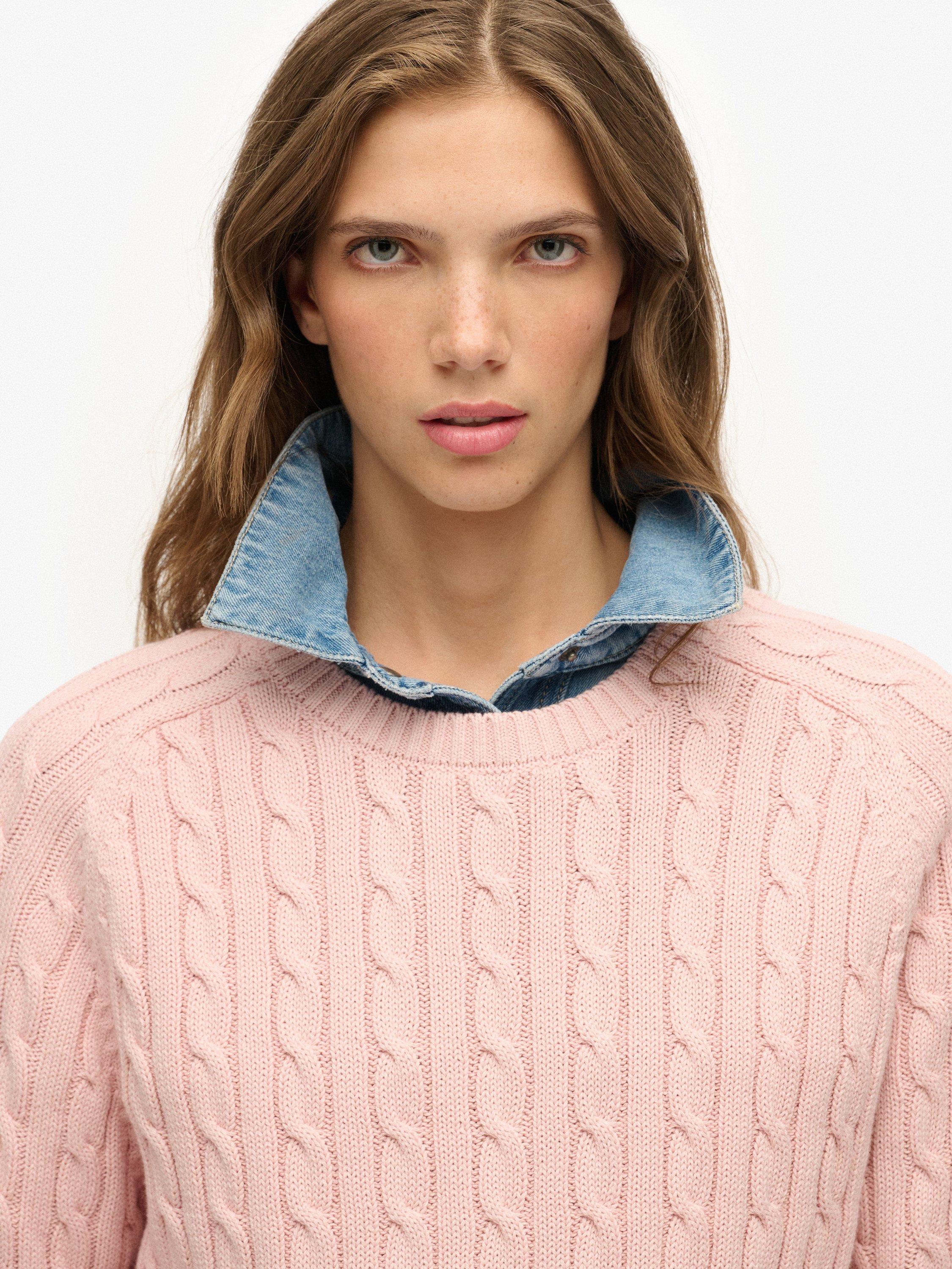 Product image 5 of 5, which shows Superdry Slouchy Cable Knit Jumper, Pale Pink, 6
