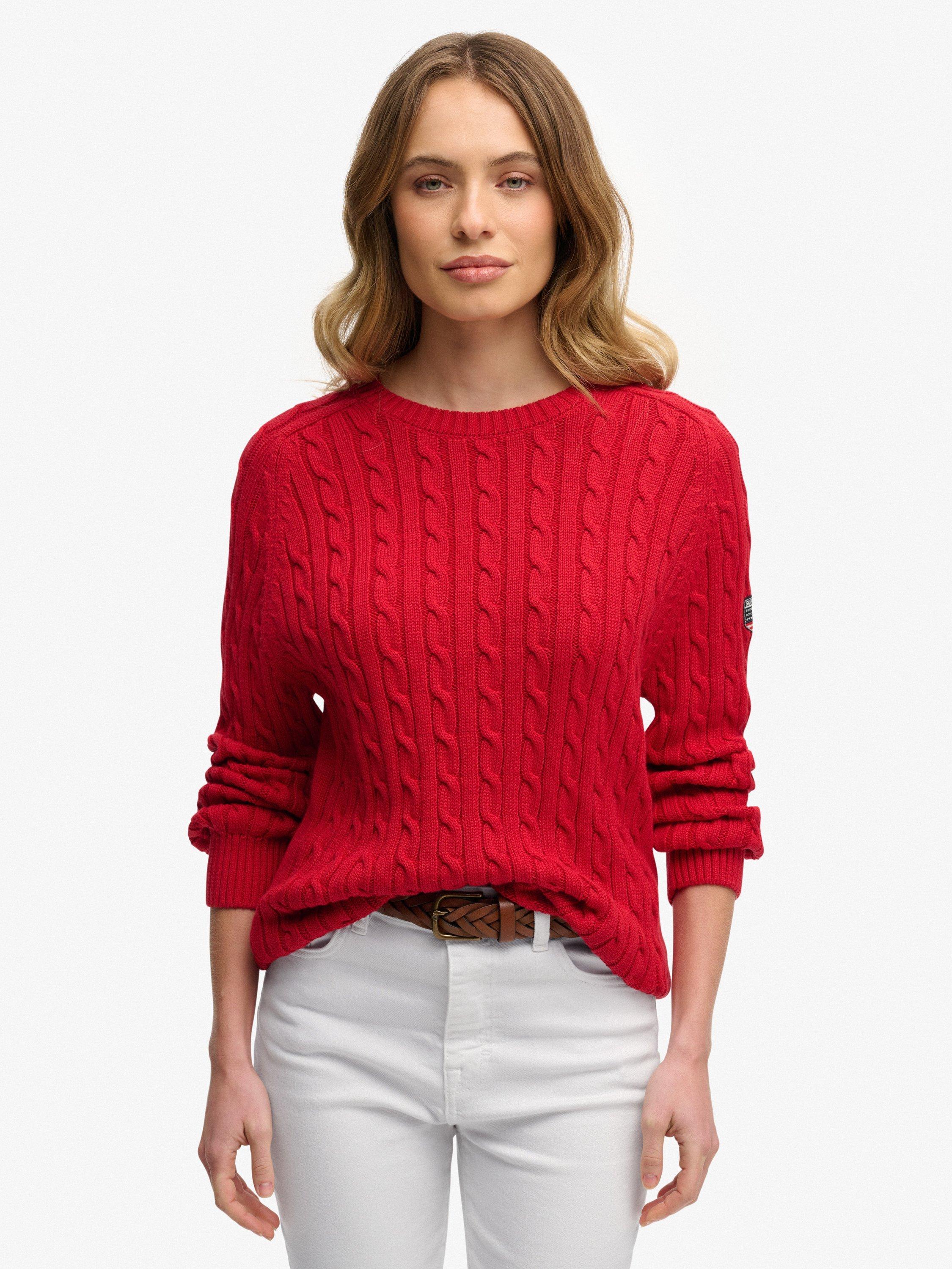 Product image 1 of 5, which shows Superdry Slouchy Cable Knit Jumper, Varsity Red, 6