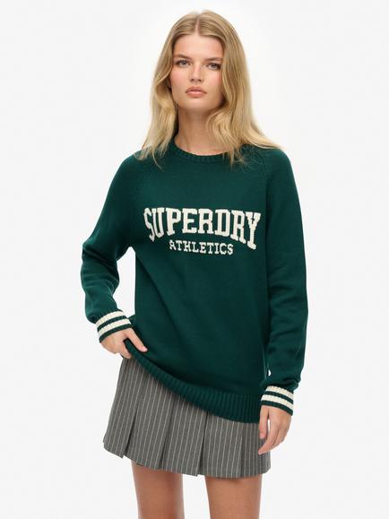 Superdry Slouchy Intarsia Graphic Knitted Jumper, Darkest Pine Green