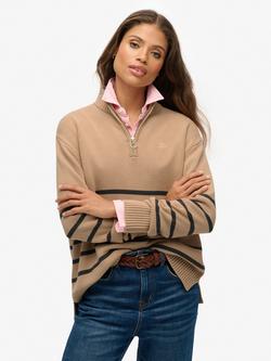 Superdry Stripe 1/2 Zip Knitted Jumper, Beige/Grey