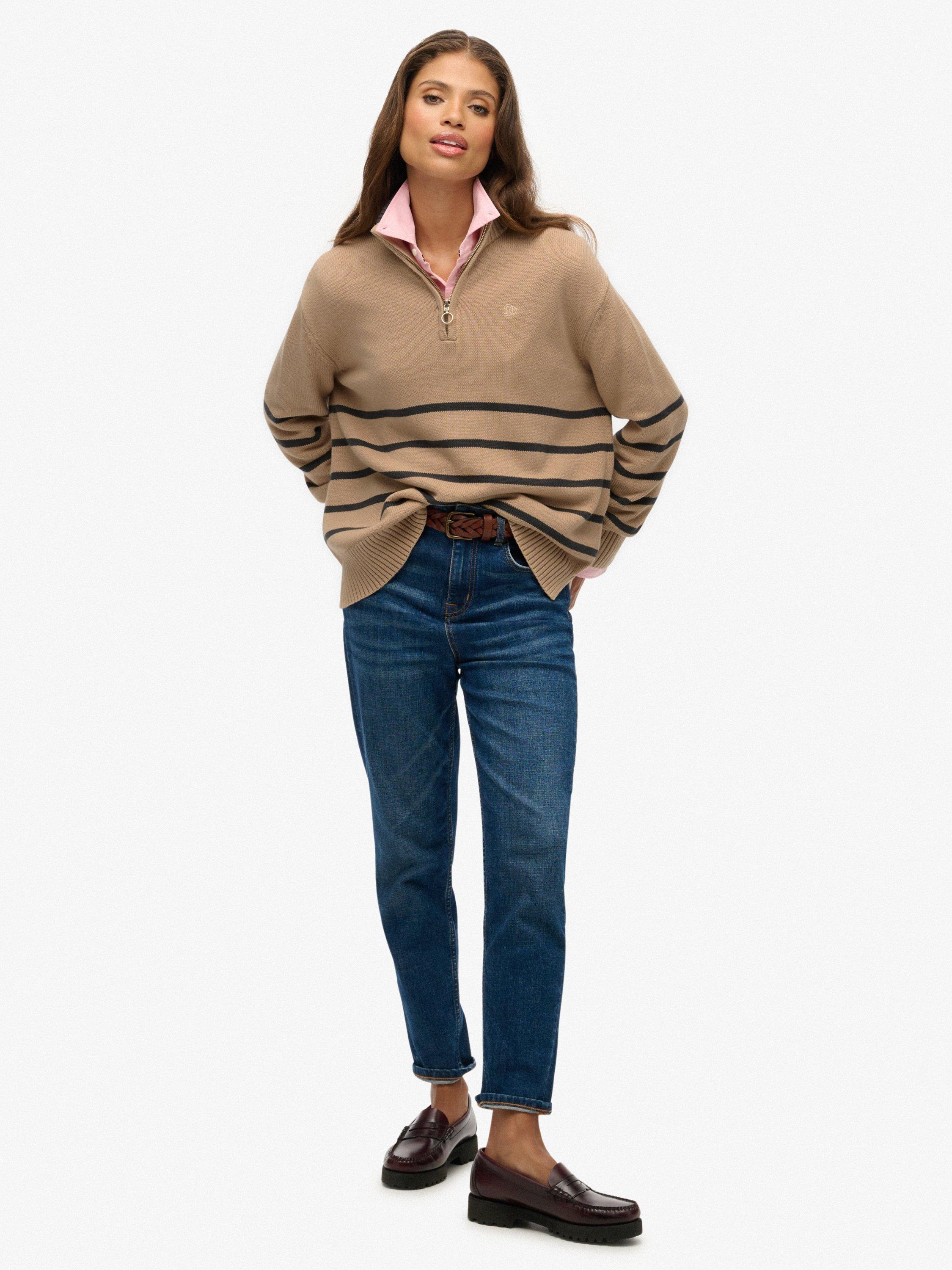 Product image 3 of 5, which shows Superdry Stripe 1/2 Zip Knitted Jumper, Beige/Grey, 14