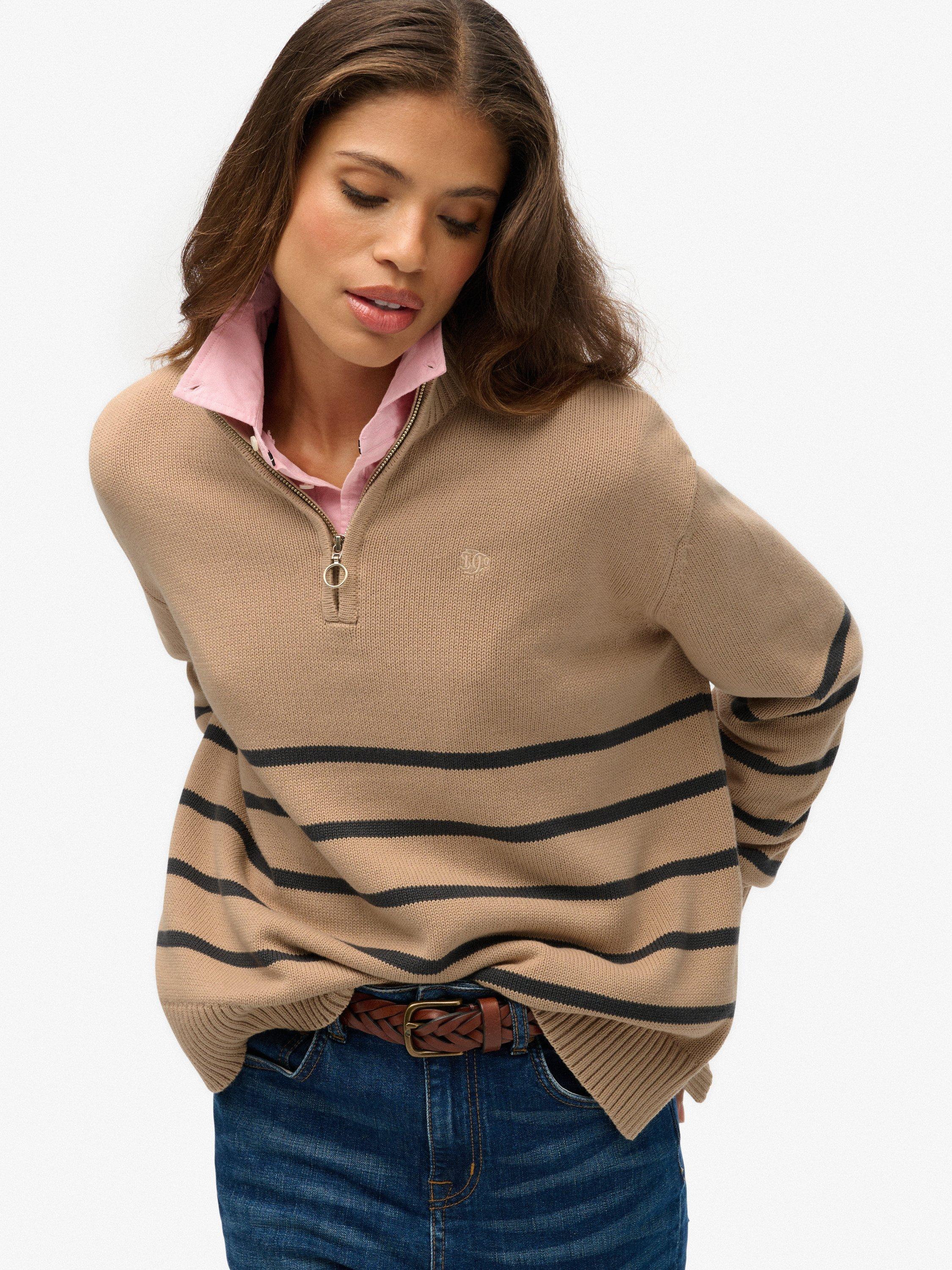 Product image 4 of 5, which shows Superdry Stripe 1/2 Zip Knitted Jumper, Beige/Grey, 14