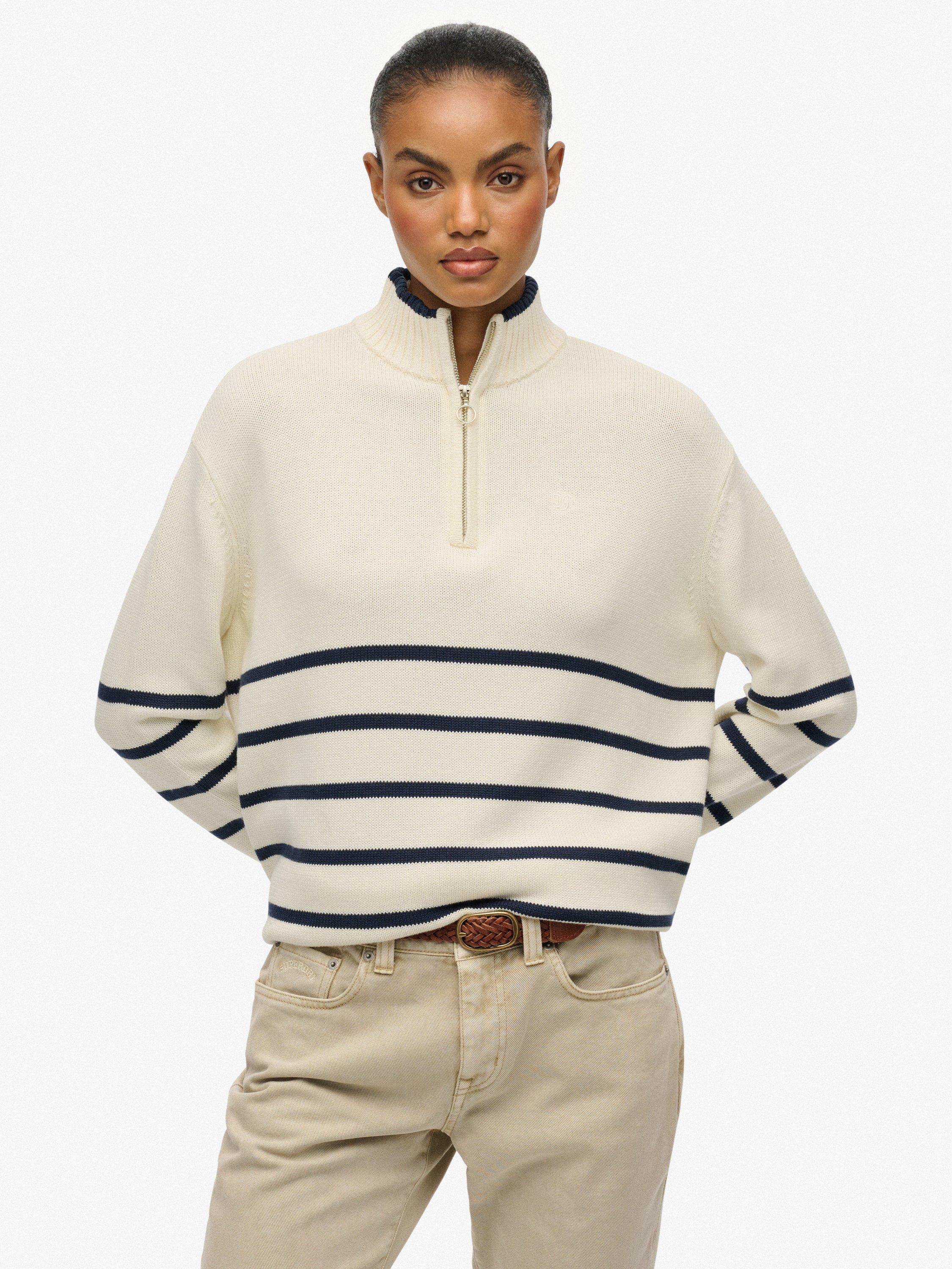Product image 1 of 5, which shows Superdry Stripe 1/2 Zip Knitted Jumper, Off White/Navy, 6