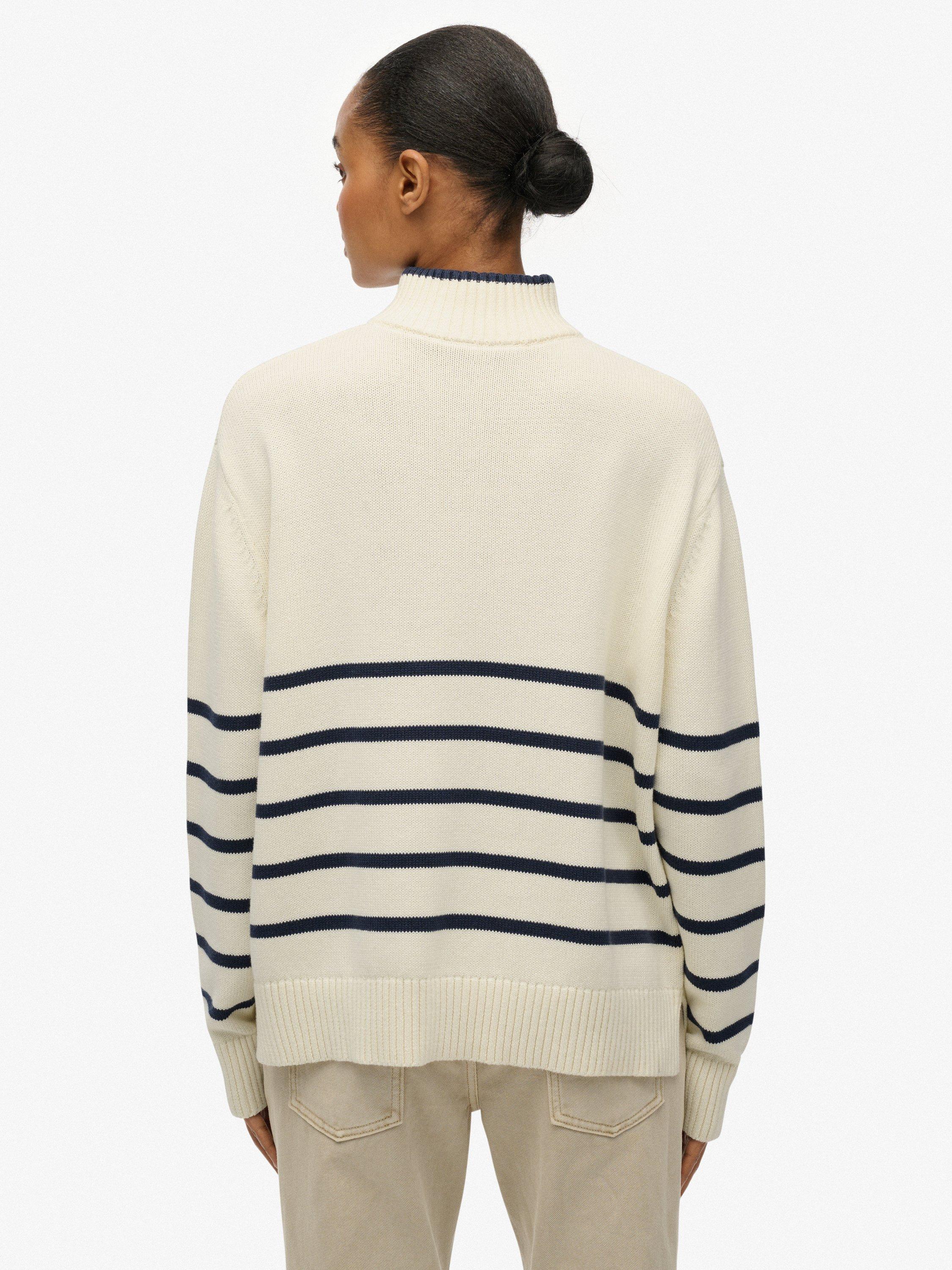 Product image 2 of 5, which shows Superdry Stripe 1/2 Zip Knitted Jumper, Off White/Navy, 6