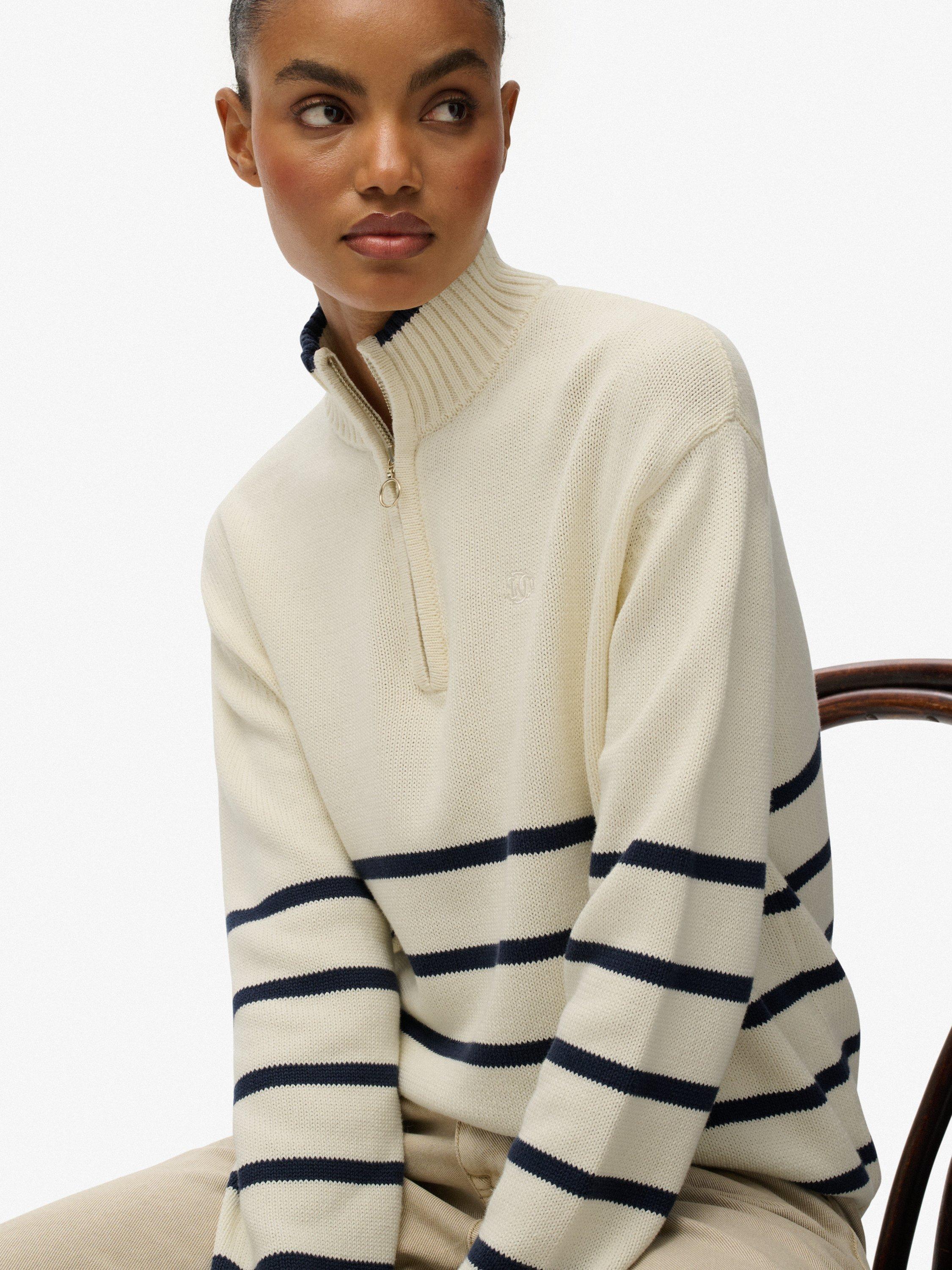 Product image 4 of 5, which shows Superdry Stripe 1/2 Zip Knitted Jumper, Off White/Navy, 6