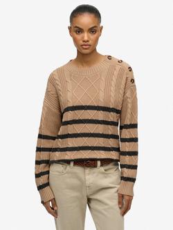 Superdry Stripe Cable Knit Jumper, Beige/Grey