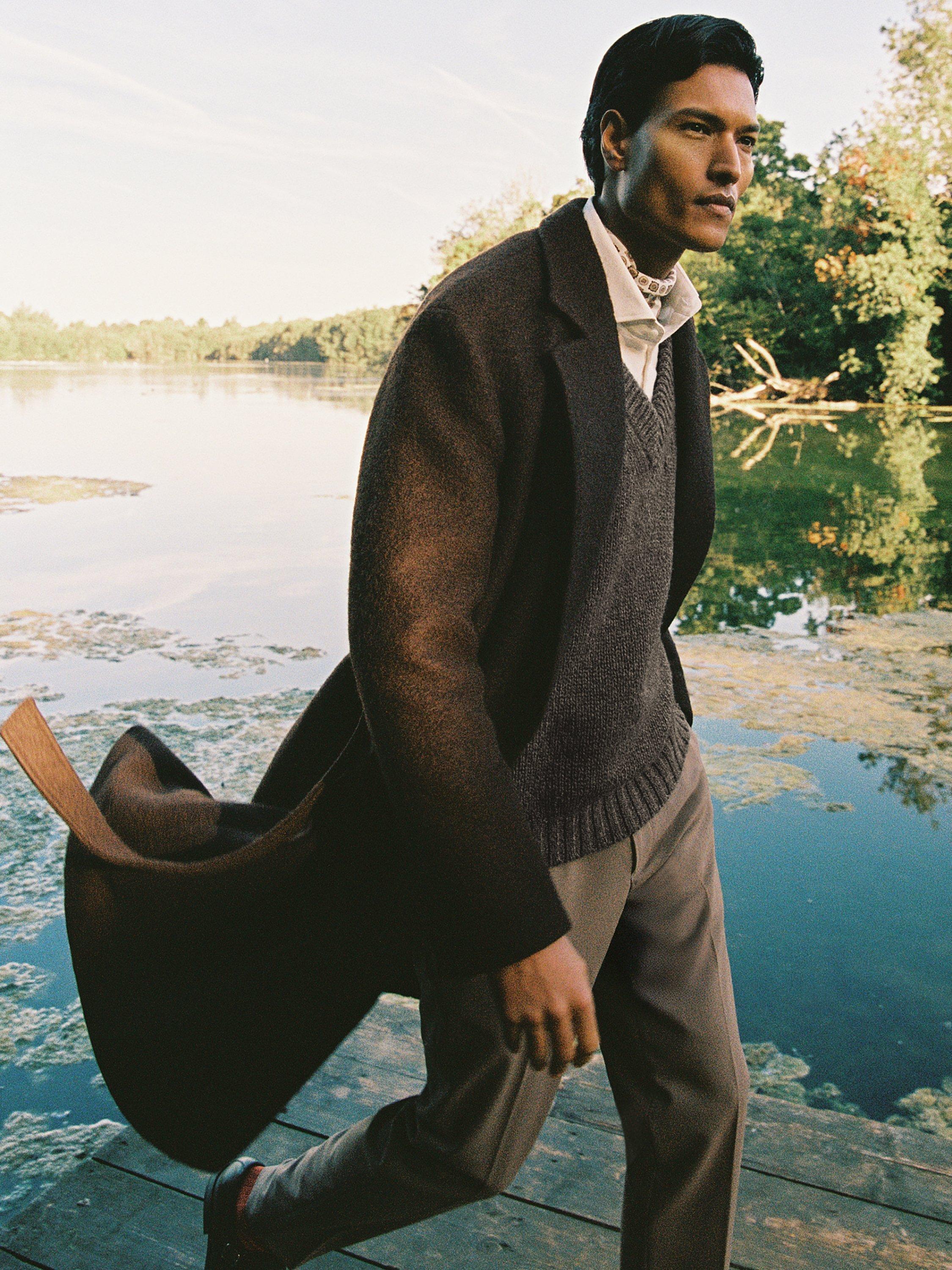 Product image 1 of 5, which shows Reiss Primo Wool Blend Double Breasted Overcoat, Chocolate Brown, XS