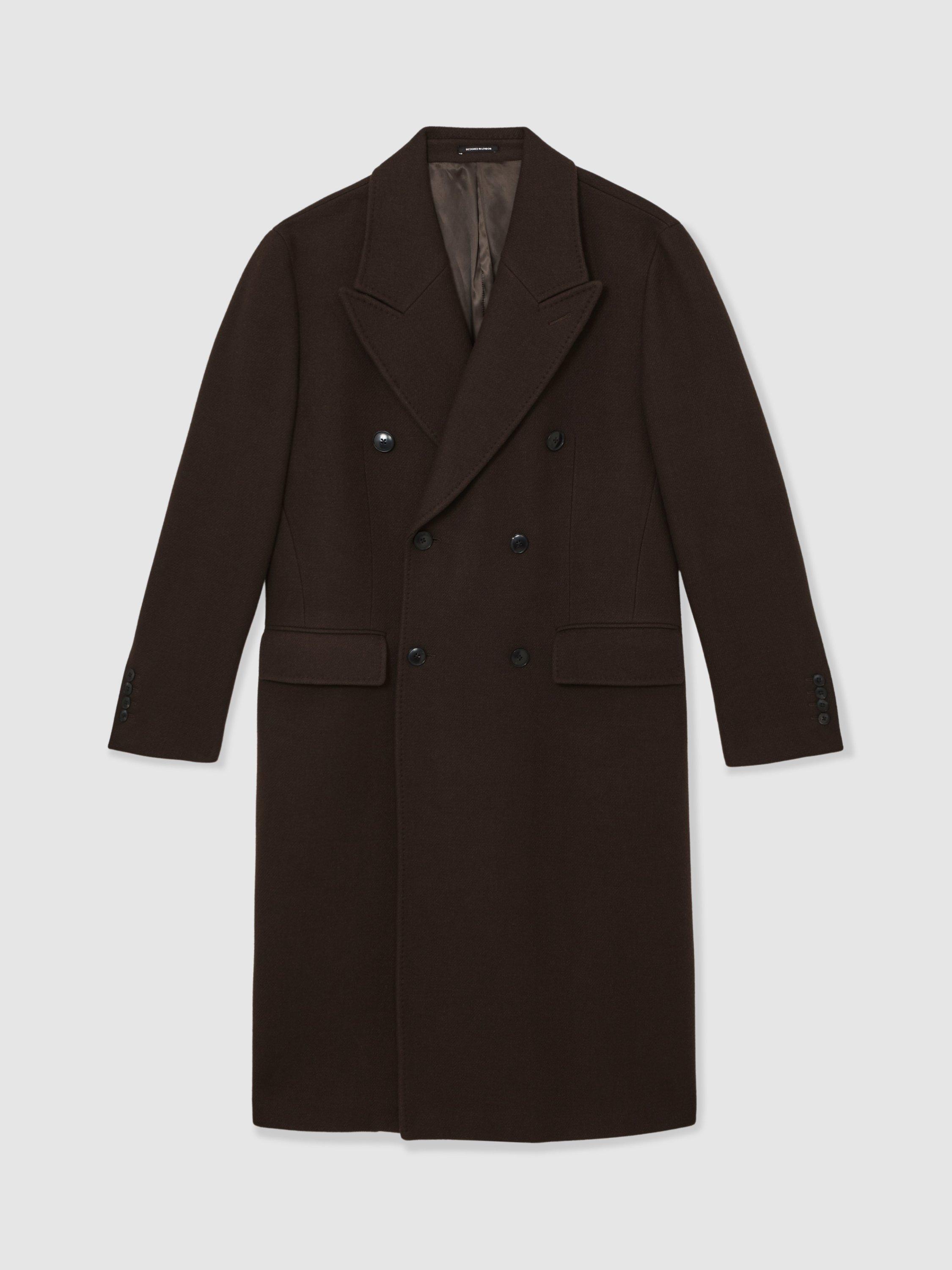Product image 3 of 5, which shows Reiss Primo Wool Blend Double Breasted Overcoat, Chocolate Brown, XS