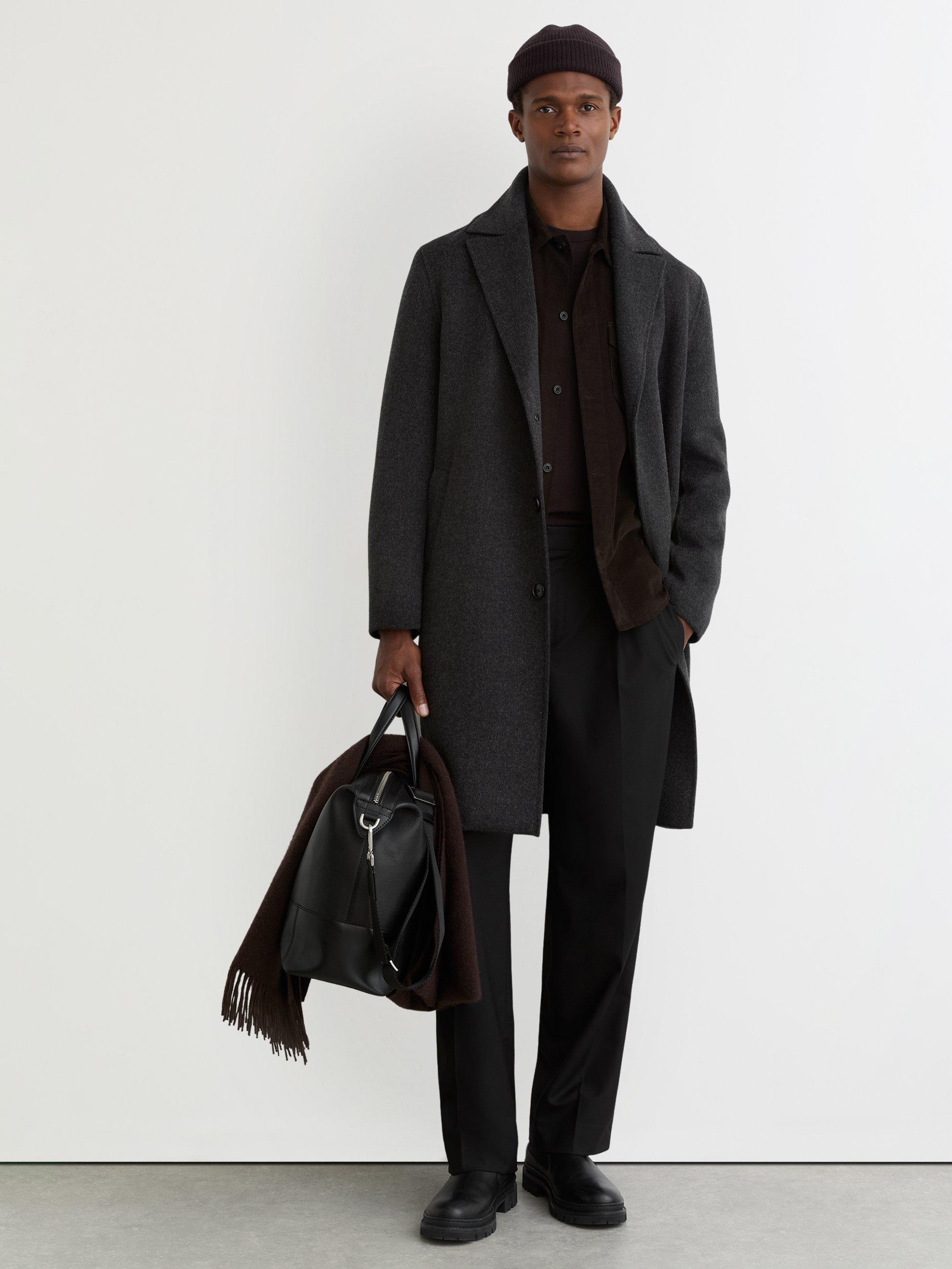 Product image 1 of 5, which shows Reiss Squire Wool Blend Single Breasted Overcoat, Charcoal Grey, XS