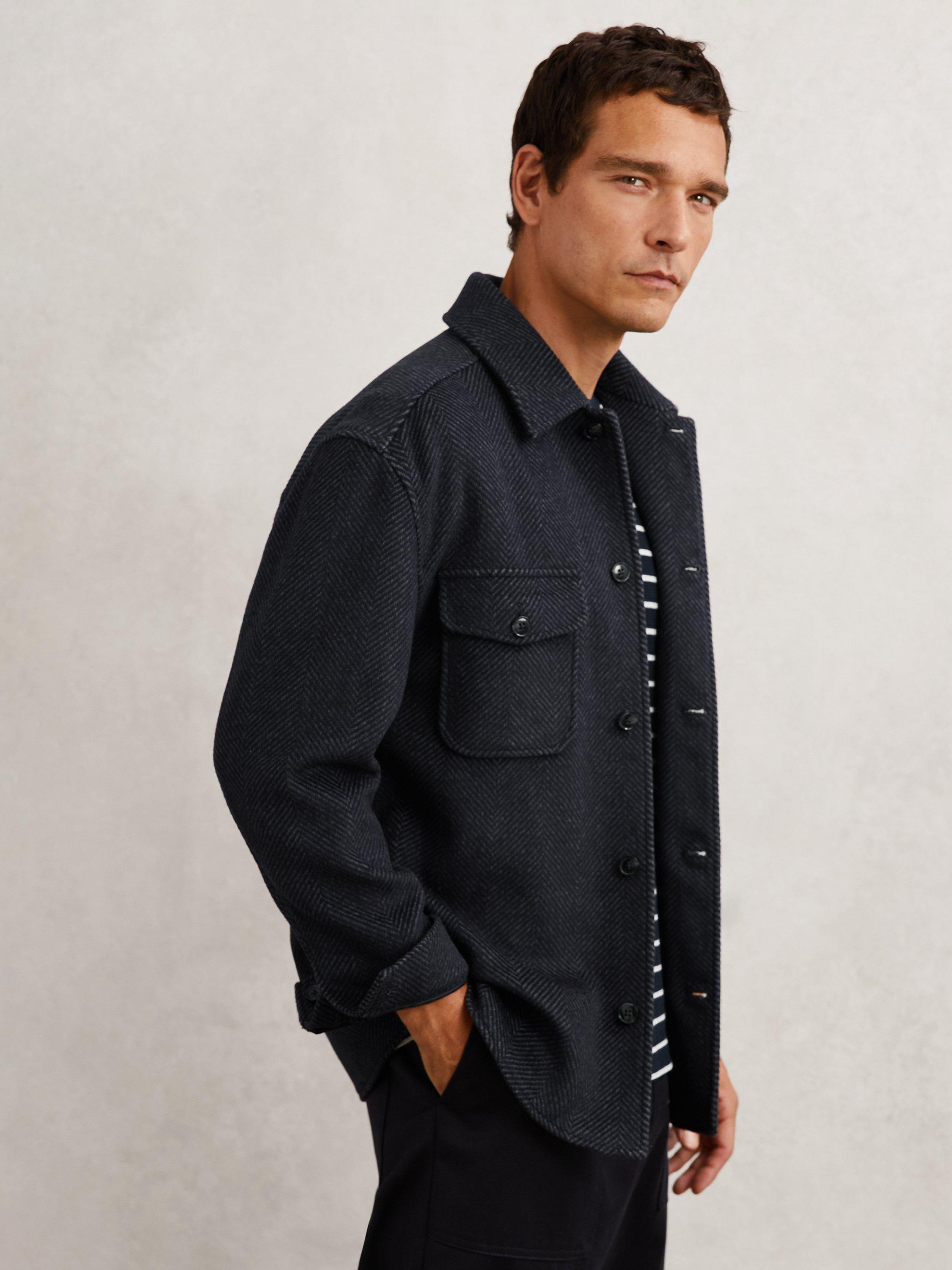 Product image 1 of 5, which shows Reiss Compton Wool Mix Herringbone Overshirt, Navy, XXL