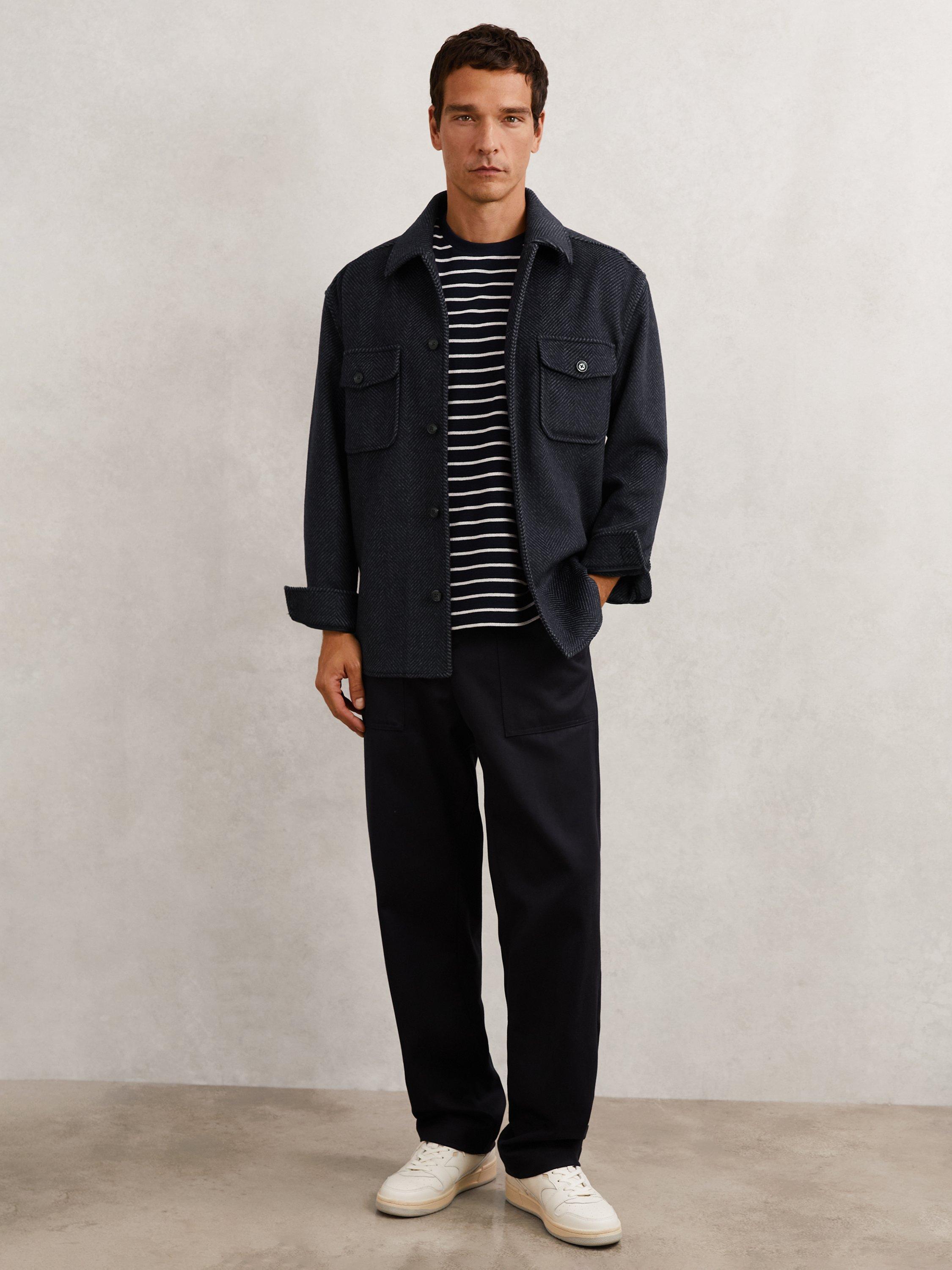 Product image 2 of 5, which shows Reiss Compton Wool Mix Herringbone Overshirt, Navy, XXL