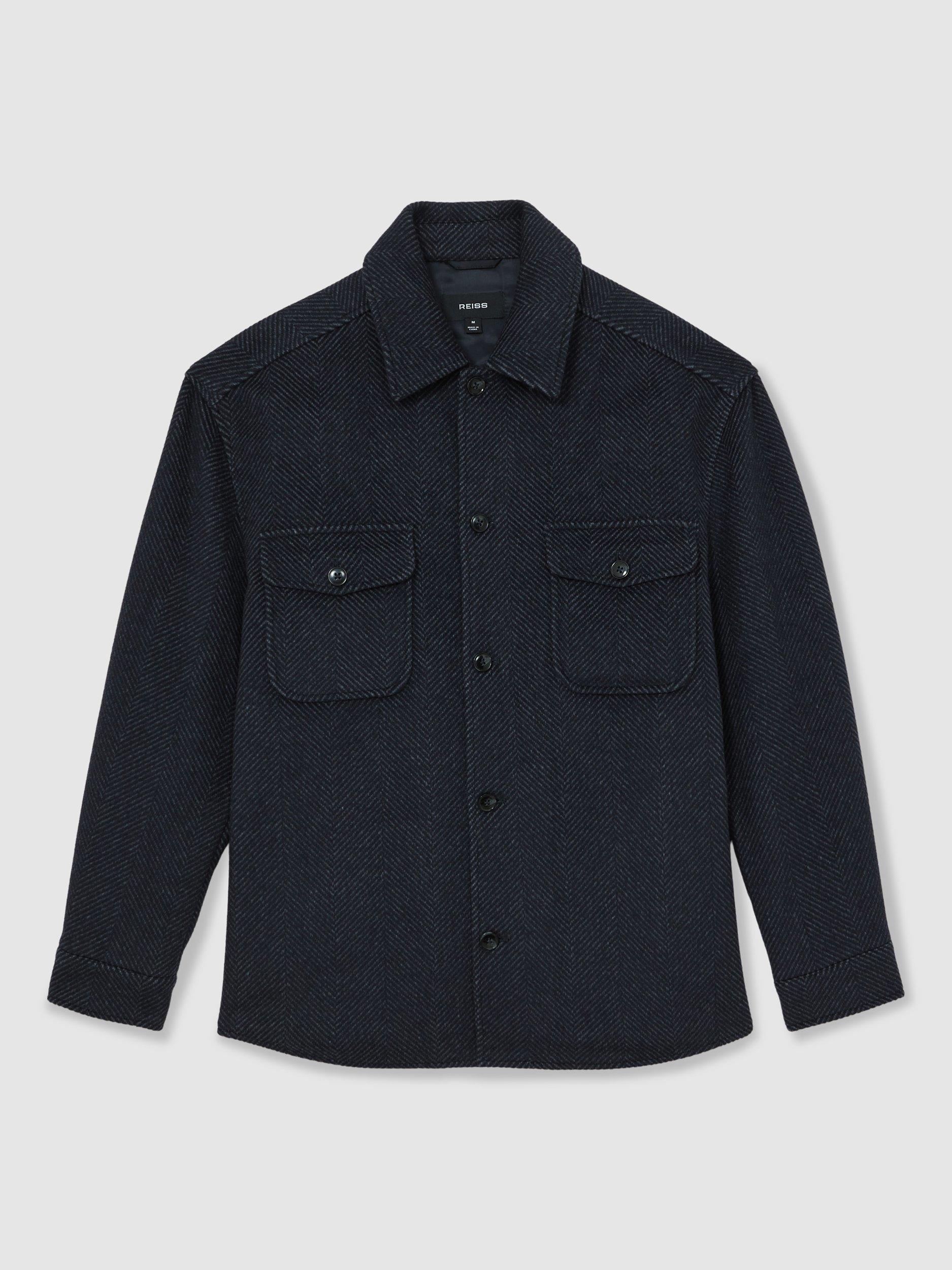 Product image 3 of 5, which shows Reiss Compton Wool Mix Herringbone Overshirt, Navy, XXL