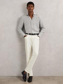 Reiss Ruban Striped Linen Cutaway Collar Regular Fit Shirt, White/Thyme Green, White/Thyme Green