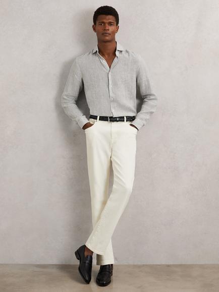 Reiss Ruban Striped Linen Cutaway Collar Regular Fit Shirt, White/Thyme Green, White/Thyme Green