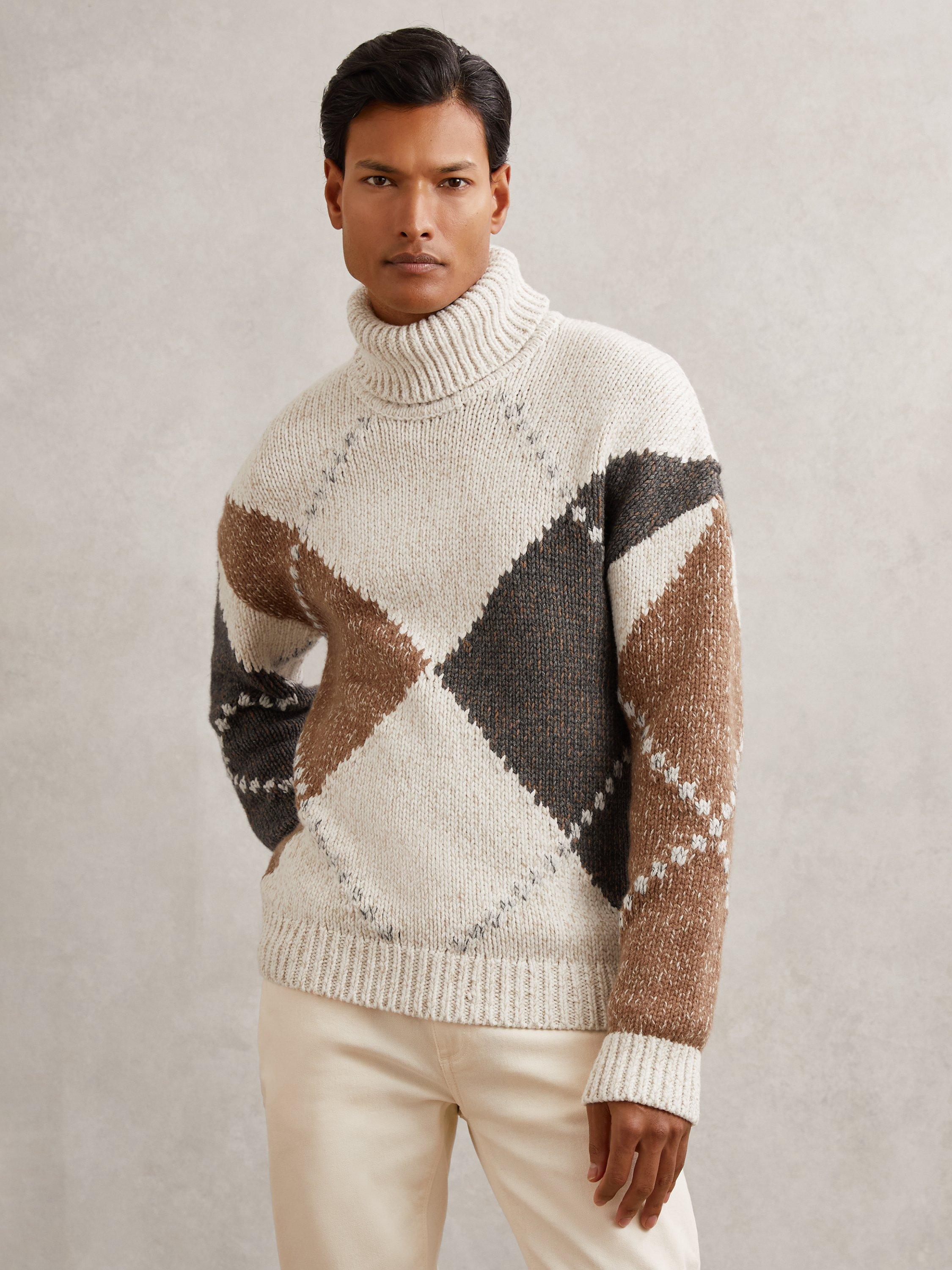 Product image 1 of 5, which shows Reiss Kennedy Wool Blend Roll Neck Argyle Jumper, Camel Brown/Multi, S