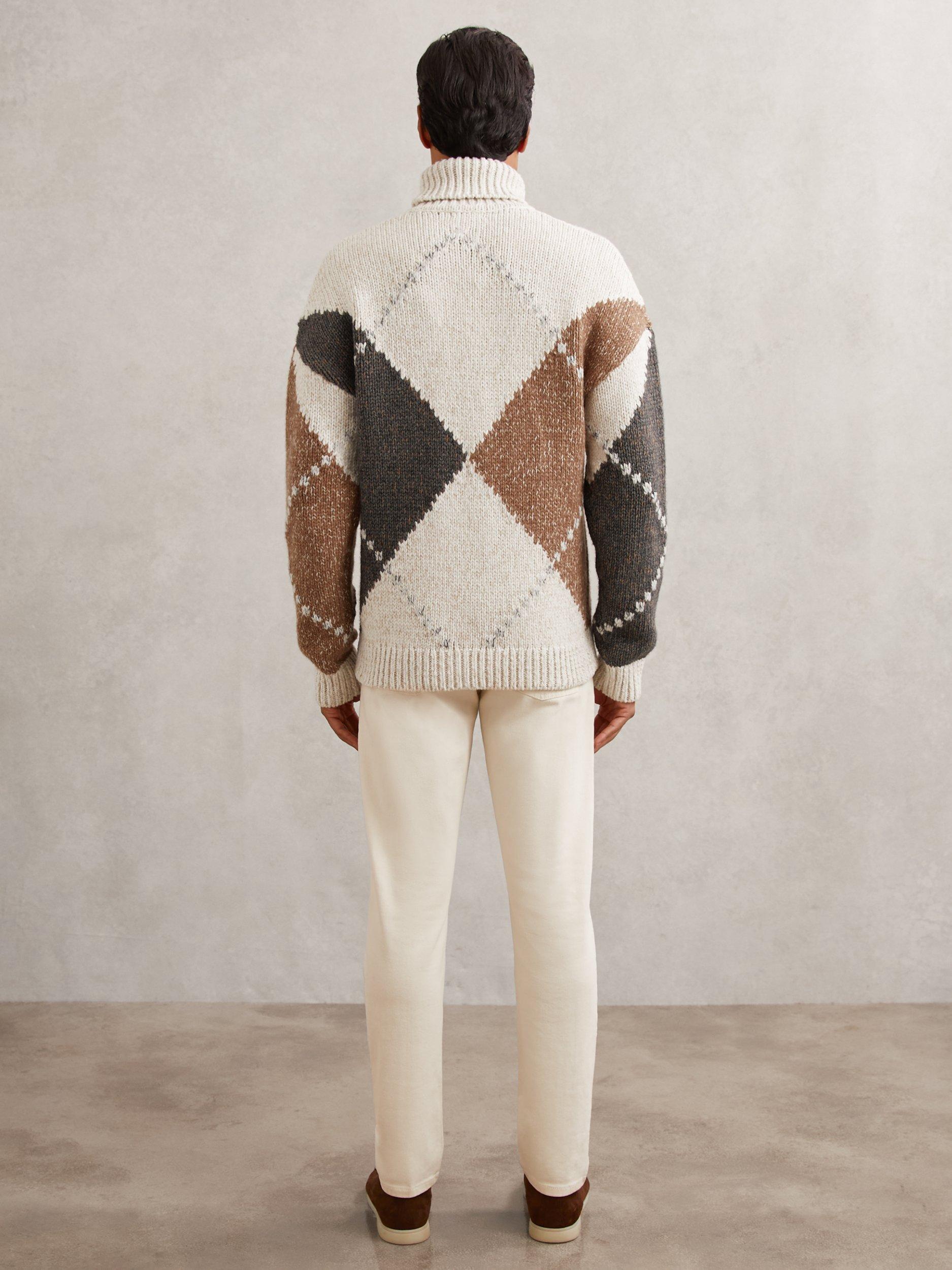 Product image 2 of 5, which shows Reiss Kennedy Wool Blend Roll Neck Argyle Jumper, Camel Brown/Multi, S