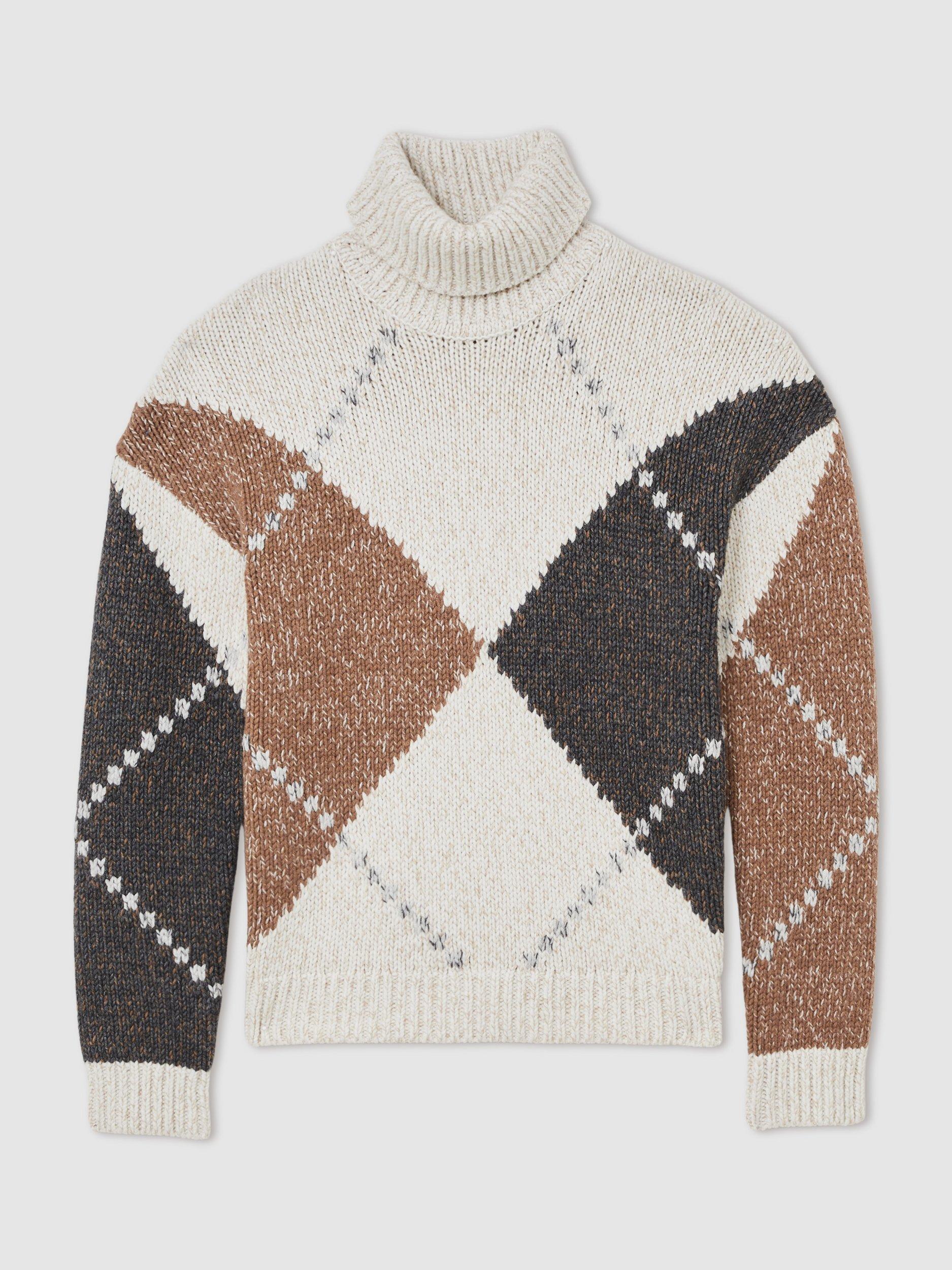 Product image 3 of 5, which shows Reiss Kennedy Wool Blend Roll Neck Argyle Jumper, Camel Brown/Multi, S