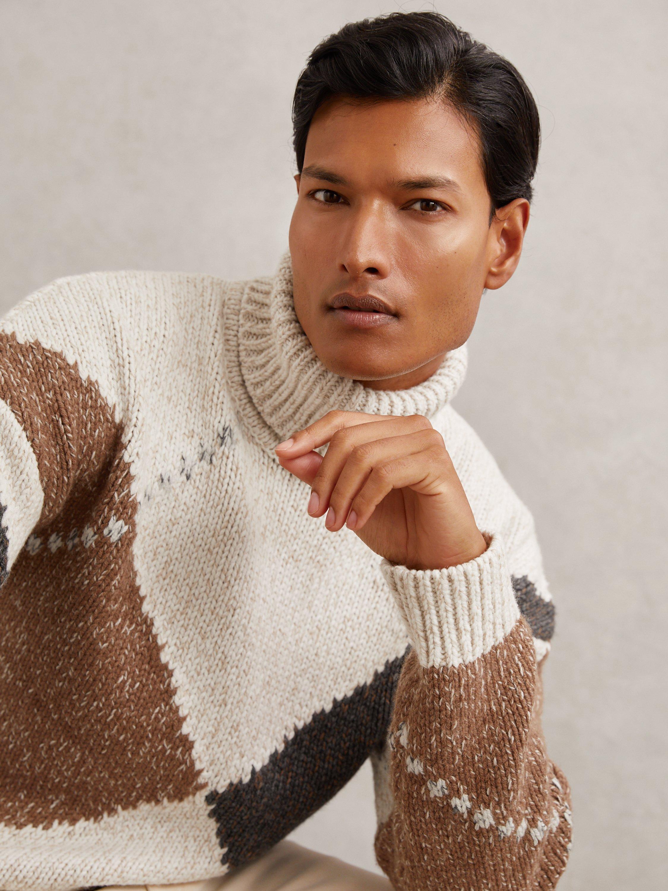 Product image 4 of 5, which shows Reiss Kennedy Wool Blend Roll Neck Argyle Jumper, Camel Brown/Multi, S