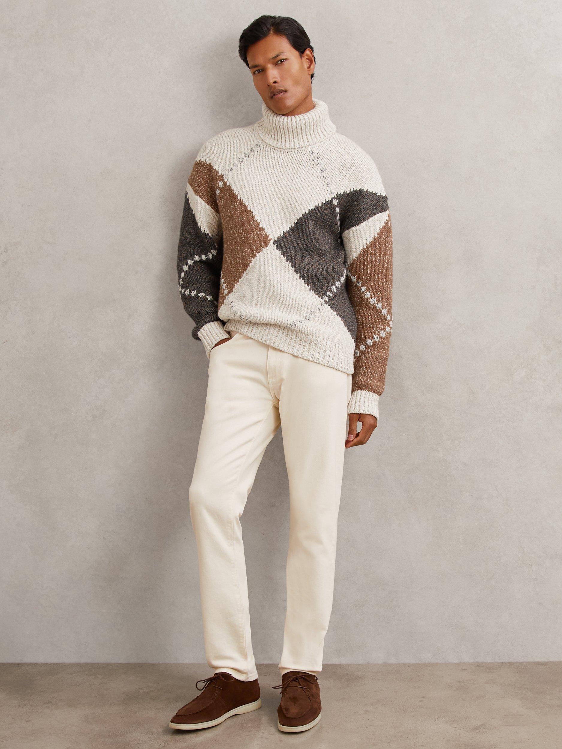 Product image 5 of 5, which shows Reiss Kennedy Wool Blend Roll Neck Argyle Jumper, Camel Brown/Multi, S
