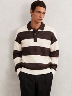 Reiss Horice Button Neck Waffle Knit Striped Jumper with Wool, Brown/Off White, Brown/Off White